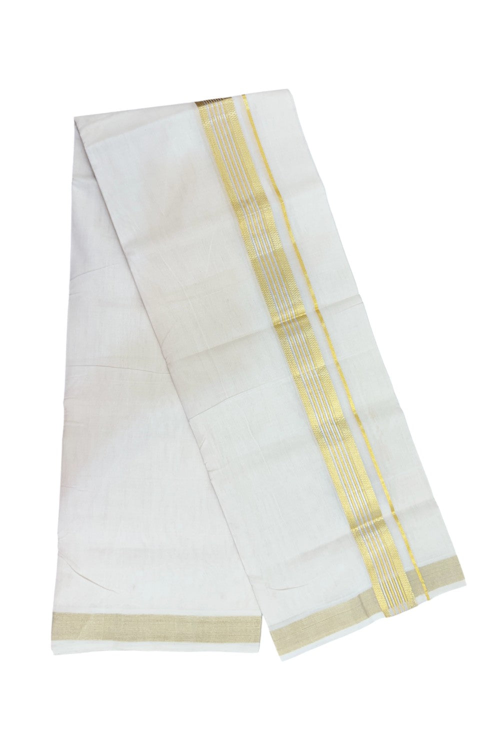 25% DISCOUNT ! KaithariKada HANDLOOM Unakkupaav Balaramapuram - 100% PURE Cotton OFF WHITE - (Unbleached) Double Mundu/Dhoti - 80x90 - 1.75 inch Gold Kasavu & Silver Stripes Jacquard Design Kara 4 mtr (8.5 Muzham) - 8KK5231 ABH