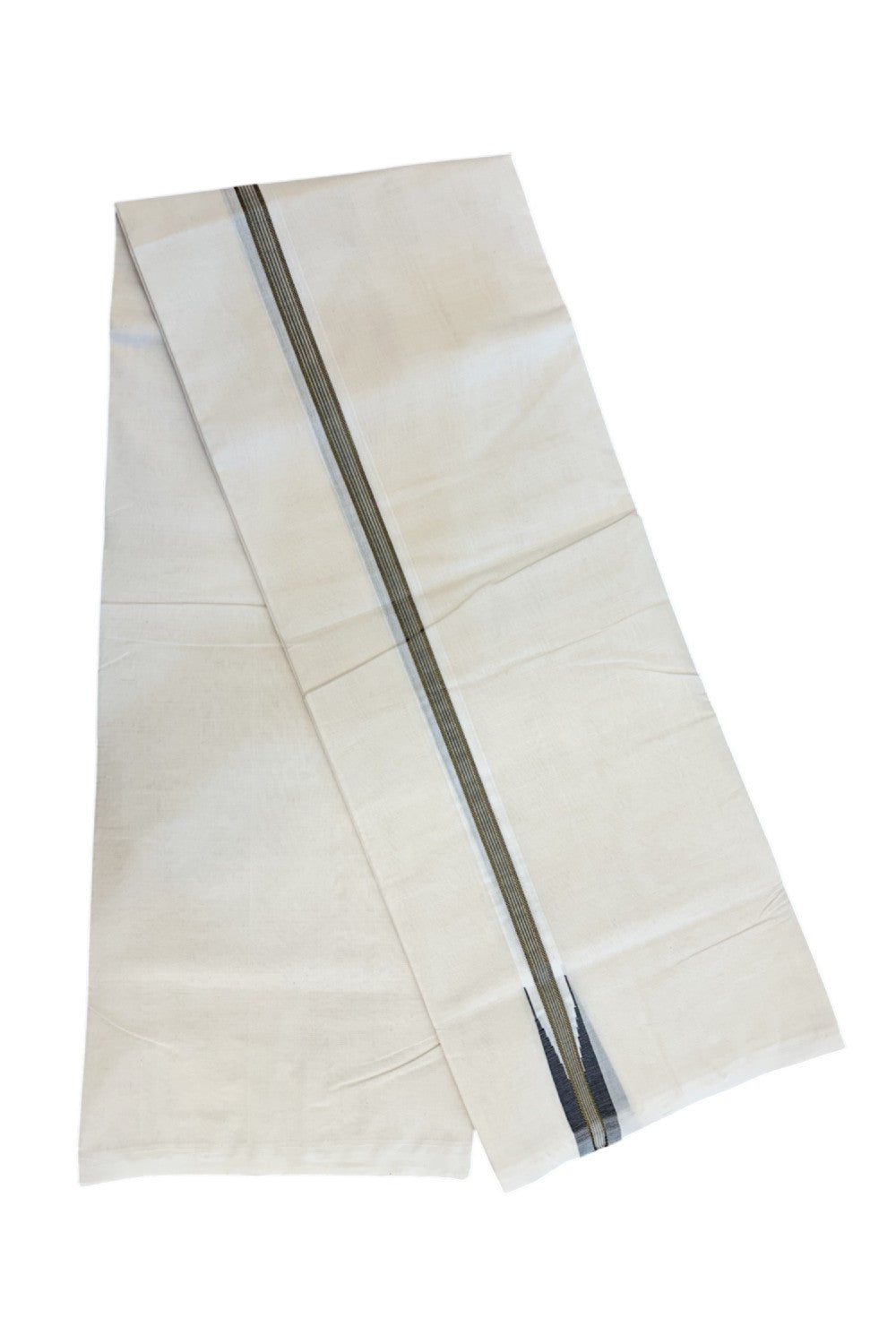 25% DISCOUNT!! KaithariKada HANDLOOM MILLPAAV Balaramapuram - 100% PURE Cotton OFF White Double - (Unbleached) Mundu/Dothi - 80X90 - 1.25 inch Puliyilakkara Black & Gold Kasavu Stripes chutty Kara 4 mtr (8.5 Muzham)- 9KK5234 RAM
