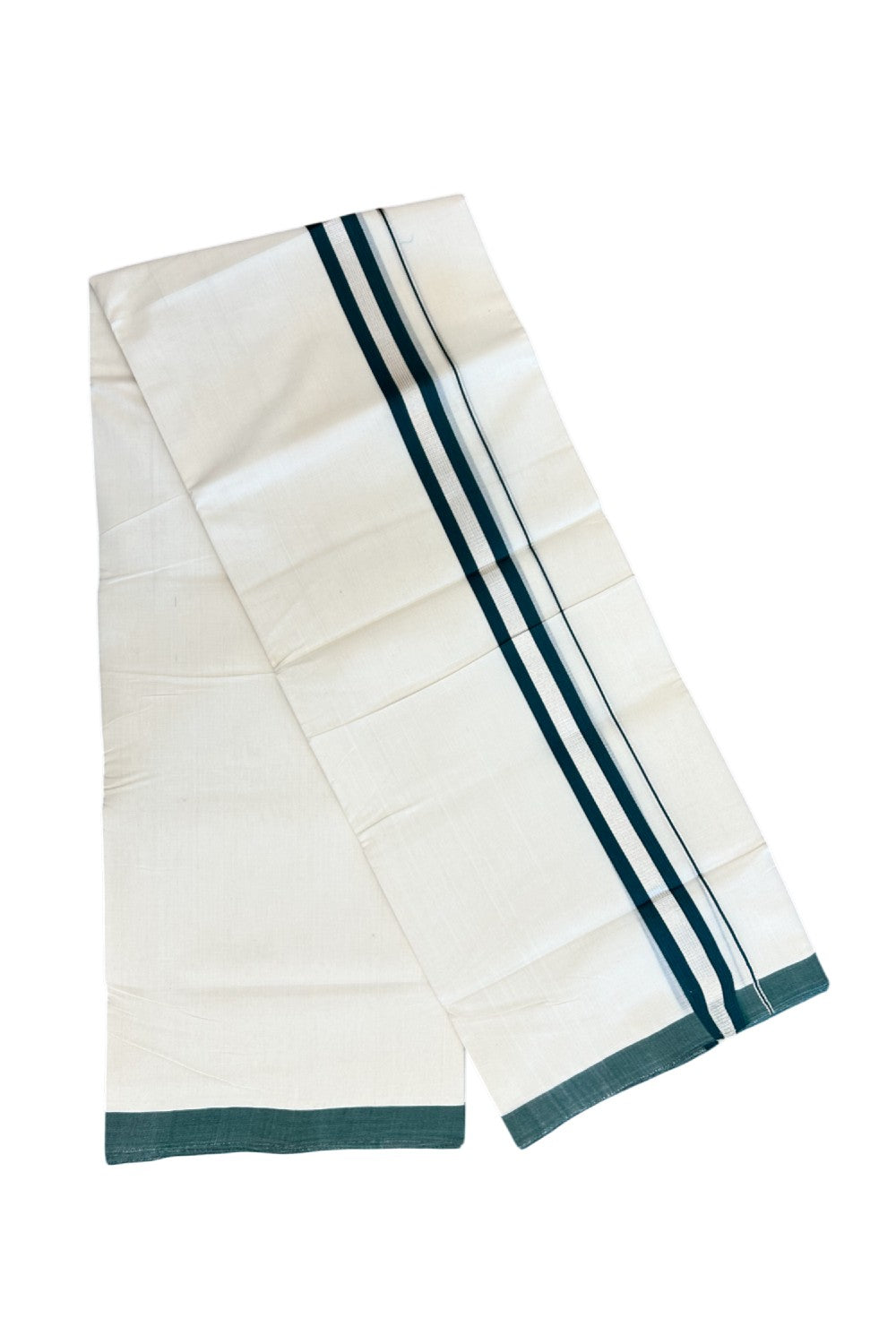 25% Discount!!! KaithariKada HANDLOOM MILLPAAV Balaramapuram - 100% PURE Cotton OFF WHITE (Unbleached) Double Mundu/Dhoti - 80x90 - 1.25 inch Silver kasavu striped Green kara 4 Mtr (8.5 Muzham) - 9KK5235 YAR