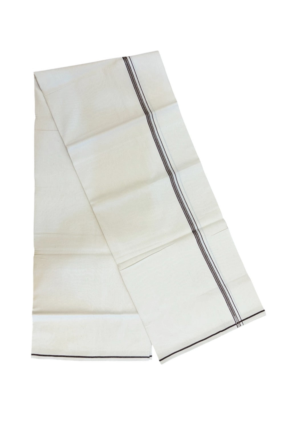 24% Discount !! KaithariKada Balaramapuram 100% Cotton OFF WHITE (Unbleached) Single Mundu/Dhoti - Twisted 60s Thread - 1 cm Silver Kasavu Brown Kara (2 meter / 4 muzham) - 7KK5236 GL