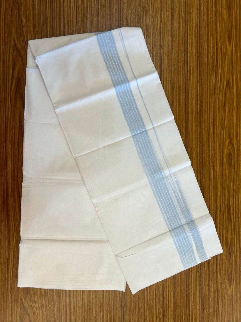 24% Discount! KaithariKada Balaramapuram 100% Cotton Pure white Double Mundu/Dhoti - (100x80)s - 1.5 inch Puliyilakkara Sky Blue Stripes Chutty - 109 KK5258 THI