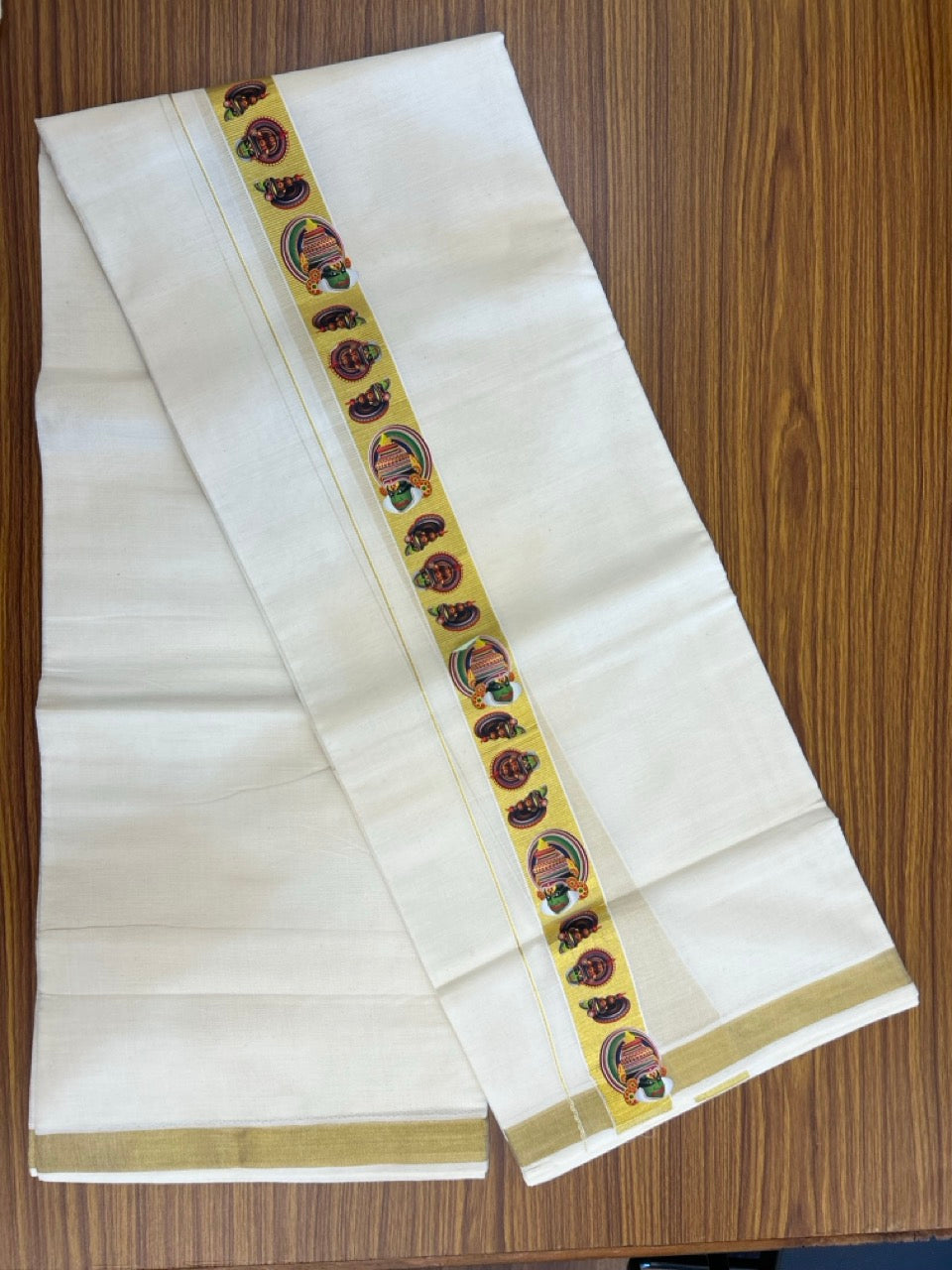 25% Discount!! KaithariKada Balaramapuram Mixed Cotton Double Off white - (Ubleached) Mundu/Dhoti - 80x72 - 1.25 inch Kasavu & Kathakali Printed Design Kara - 9 KK5262 MUT