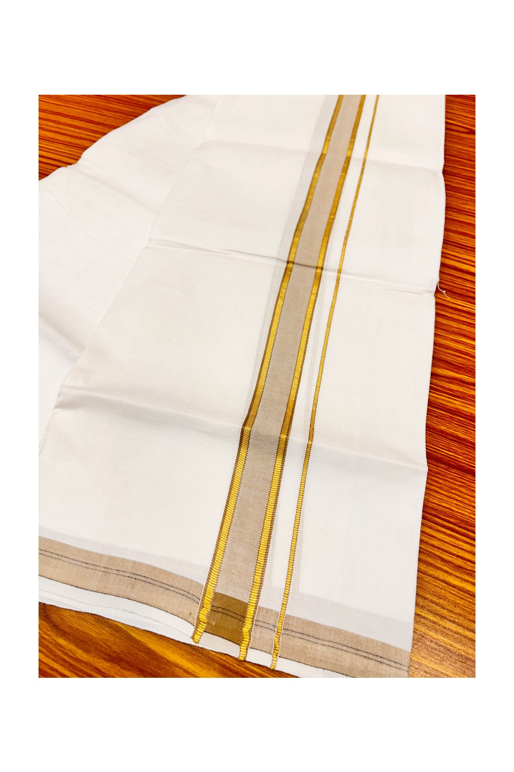 30% OFFER! KaithariKada 100% Cotton Balaramapuram HANDLOOM Single PURE WHITE Mundu/Dhoti - 1.75 inch (2 meter / 4 muzham) Light Brown Kasavu Kara & Stripes - 9KAI.