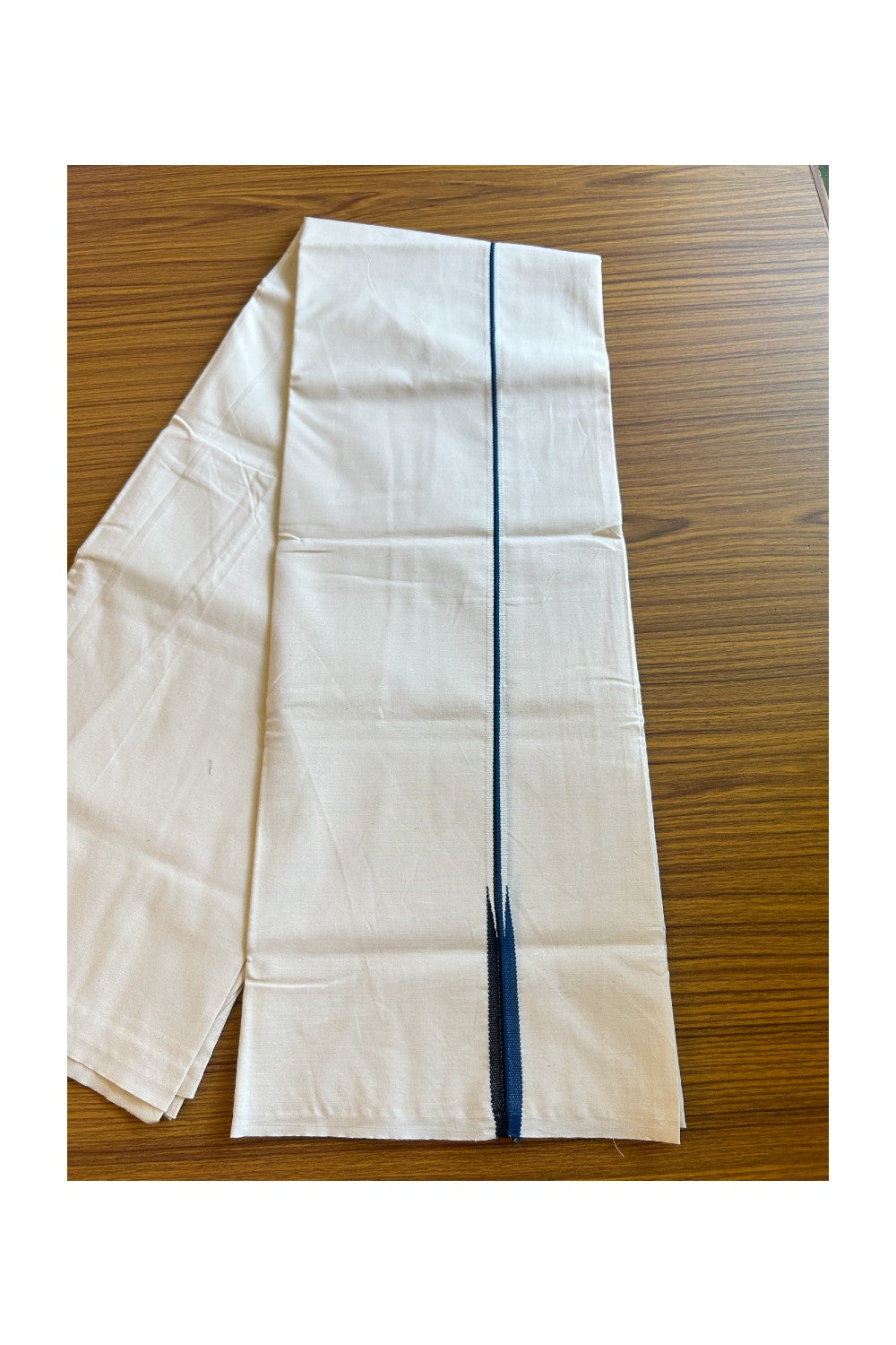 28% DISCOUNT ! KaithariKada Balaramapuram 100% COTTON SINGLE OFF WHITE (Unbleached) Mundu/Dhoti-100X100- 0.5 Inch Puliyilakkara Black & Yale Blue Chutty (2 meter / 4 muzham) - 9KK429ASH