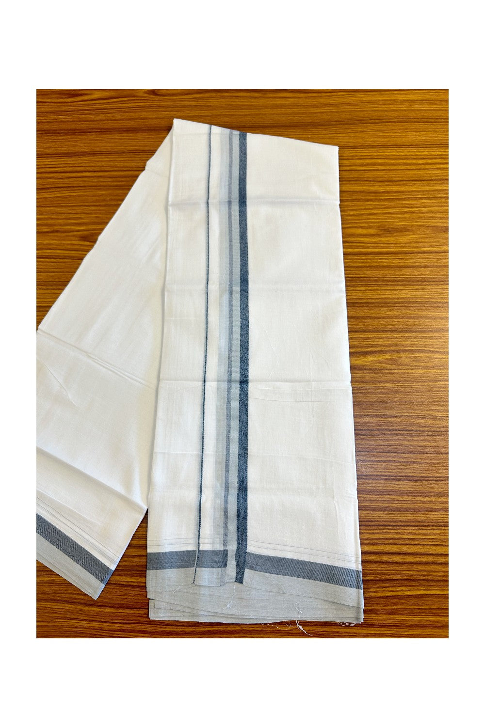 26% DISCOUNT!!! KaithariKada Balaramapuram 100% Cotton PURE white Double Mundu/Dhoti-100x90 2.25 Inch Ash Grey & Navy Blue shaded stripes kara - 9KK448VIN