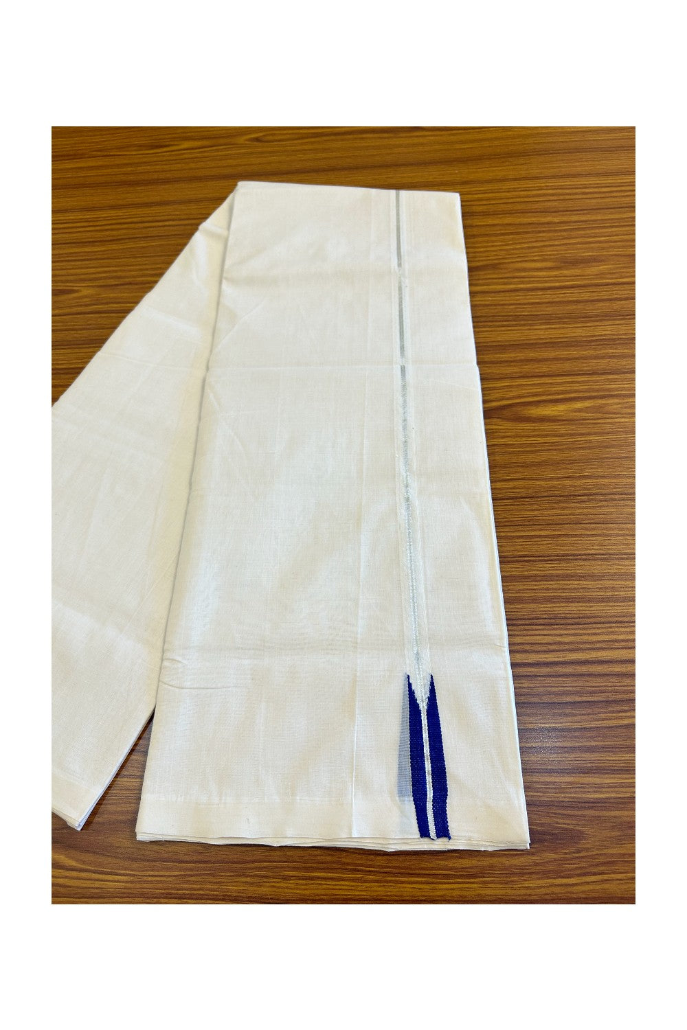 25% DISCOUNT!! KaithariKada HANDLOOM UNAKKUPAAV Balaramapuram - 100% PURE Cotton OFF White - (Unbleached) Double Mundu/Dothi - 1.5 cm silver kasavu Blue puliyilakkara chutty - 9KK476RAM