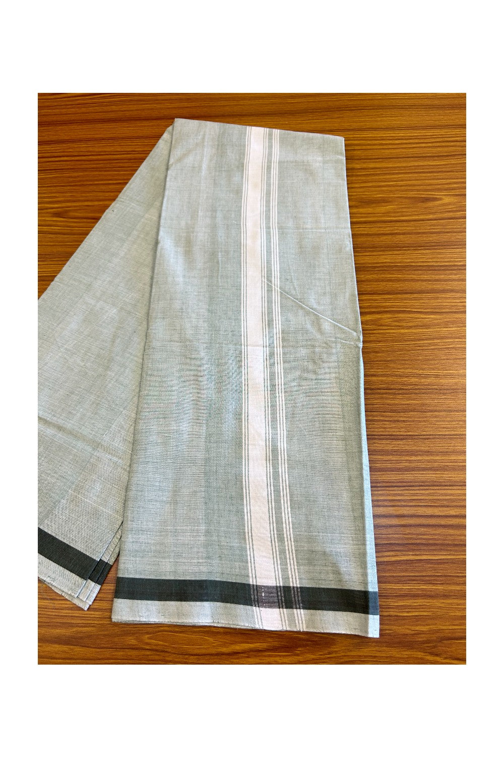 16% DISCOUNT ! KaithariKada Kalamachal 100% Pure Cotton - (80X80) Twisted Thread Handloom Single Mundu/Dhoti - GREEN GREY BODY & White STRIPES 1.75 inch Kara- 9KK479KAL