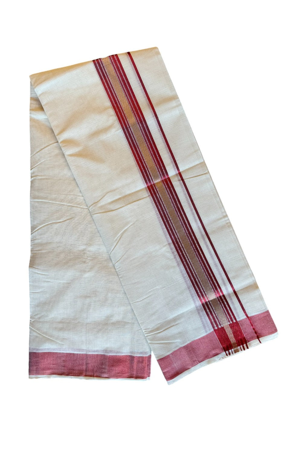 25% DISCOUNT!! KaithariKada HANDLOOM Millpaav Balaramapuram - 100% PURE Cotton OFF White - (Unbleached) Double Mundu/Dothi - 3 inch MAROON GOLD kasavu stripes kara - 9KK495RAM