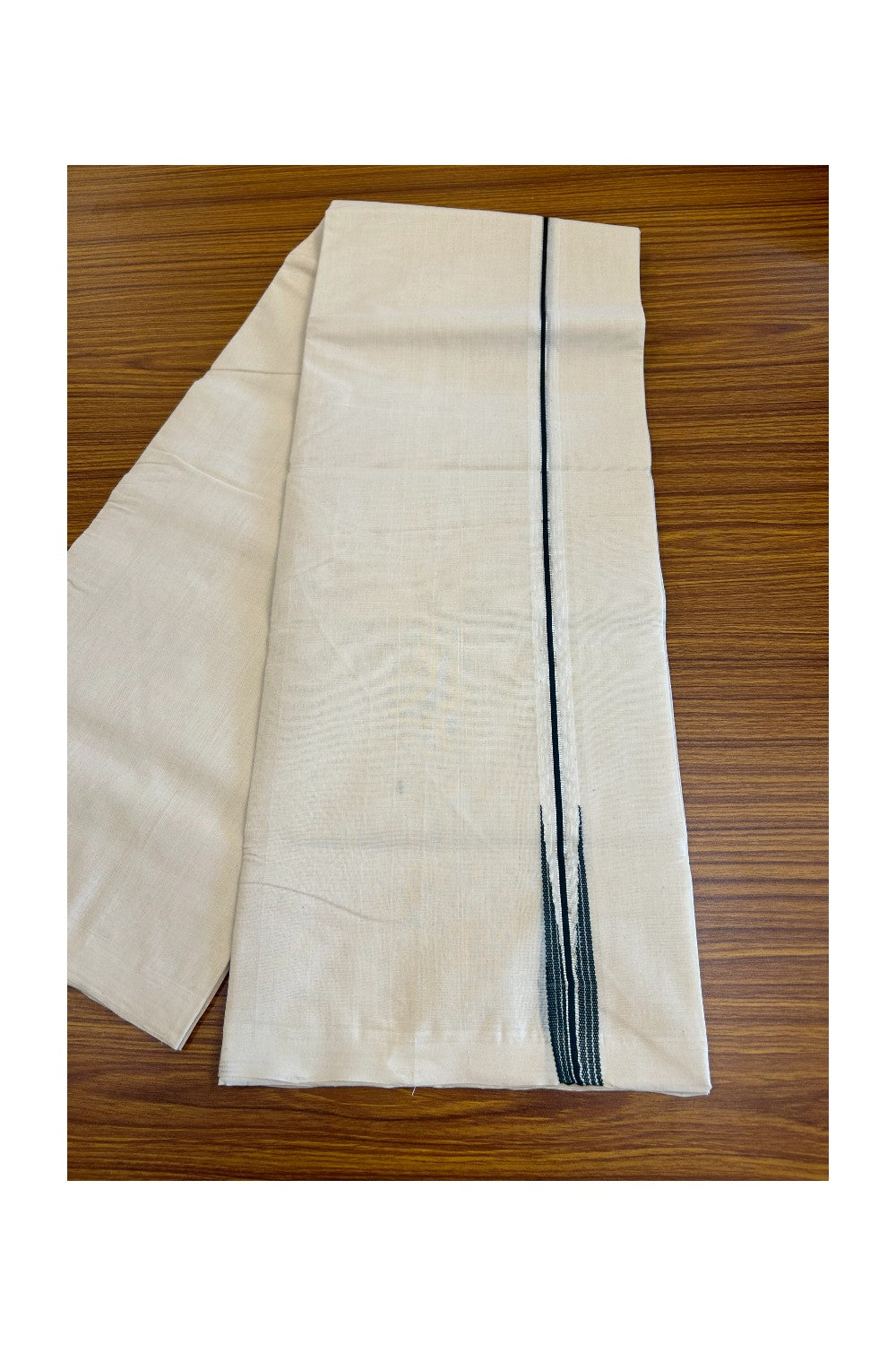 25% DISCOUNT!! KaithariKada HANDLOOM Millpaav Balaramapuram - 100% PURE Cotton OFF White - (Unbleached) Double Mundu/Dothi - 1 inch Puliyilakkara silver kasavu & Dark Green Striped Chutty - 9KK5011RAM