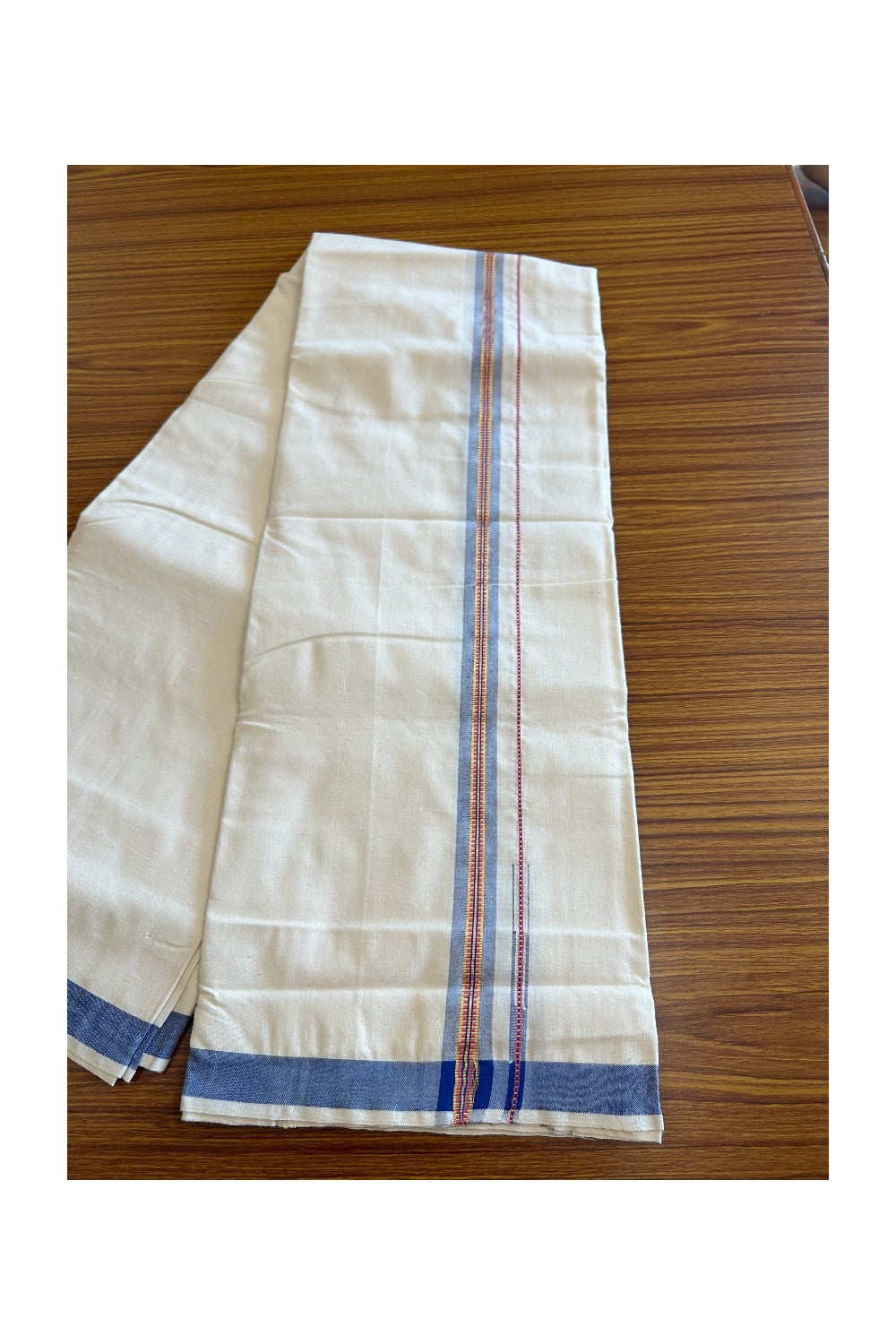 30% Discount ! KaithariKada 100% Cotton Balaramapuram HANDLOOM Single Mundu/Dhoti - Off White (Unbleached) 1.Inch (2 meter / 4 muzham) Blue & Red Stripes Kasavu Puliyilakkara Chutty- KAIHS001.
