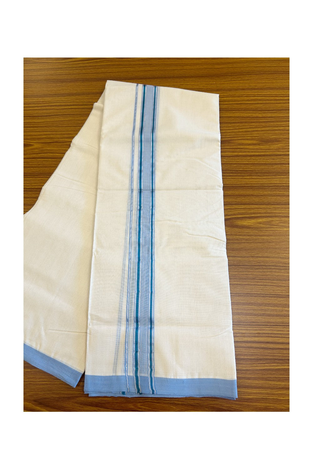 30% DISCOUNT!! KaithariKada HANDLOOM Millpaav Balaramapuram - 100% PURE Cotton OFF White - (Unbleached) Double Mundu/Dothi - Silver Kasavu with White & blue Stripes-2KK56RAM