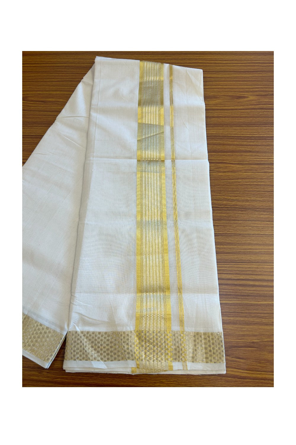 25% DISCOUNT ! KaithariKada HANDLOOM Unakkupaav Balaramapuram - 100% PURE Cotton Off White - (Unbleached) Double Mundu/Dhoti - 3 inch Gold Kasavu & Silver Shaded Striped Design Kara - 9KK5107ABH