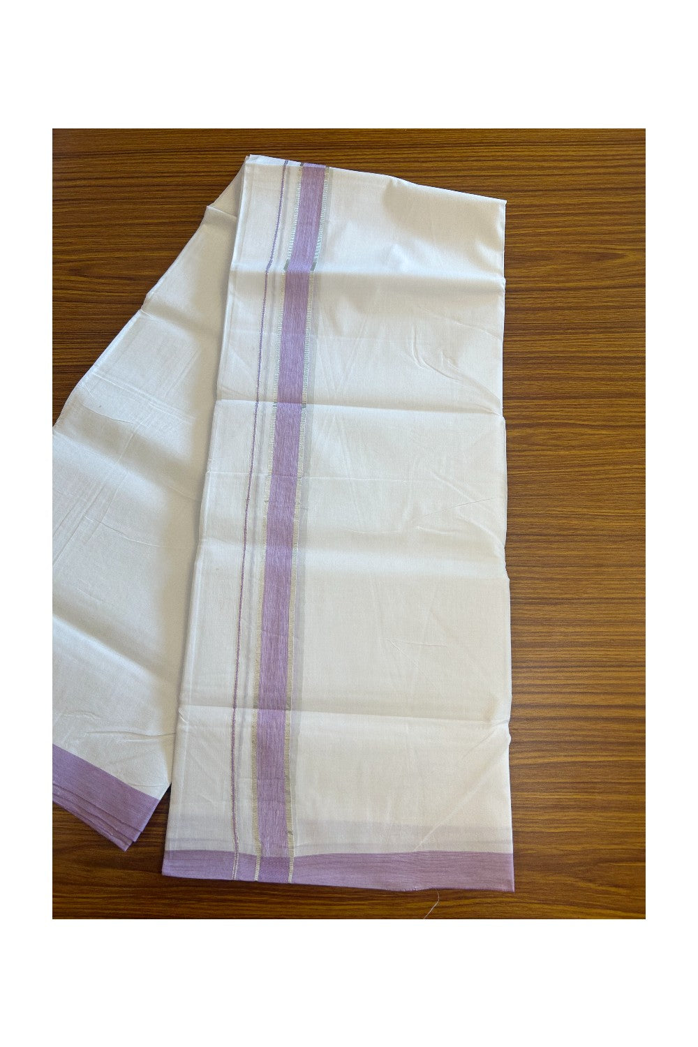 30% DISCOUNT! KaithariKada BALARAMAPURAM HANDLOOM UNAKKUPAAV - 100% PURE Cotton PURE WHITE Double Mundu/Dhoti - 1 inch Silver Kasavu & Lavender Pink Shaded Kara - 9KK5129YAR