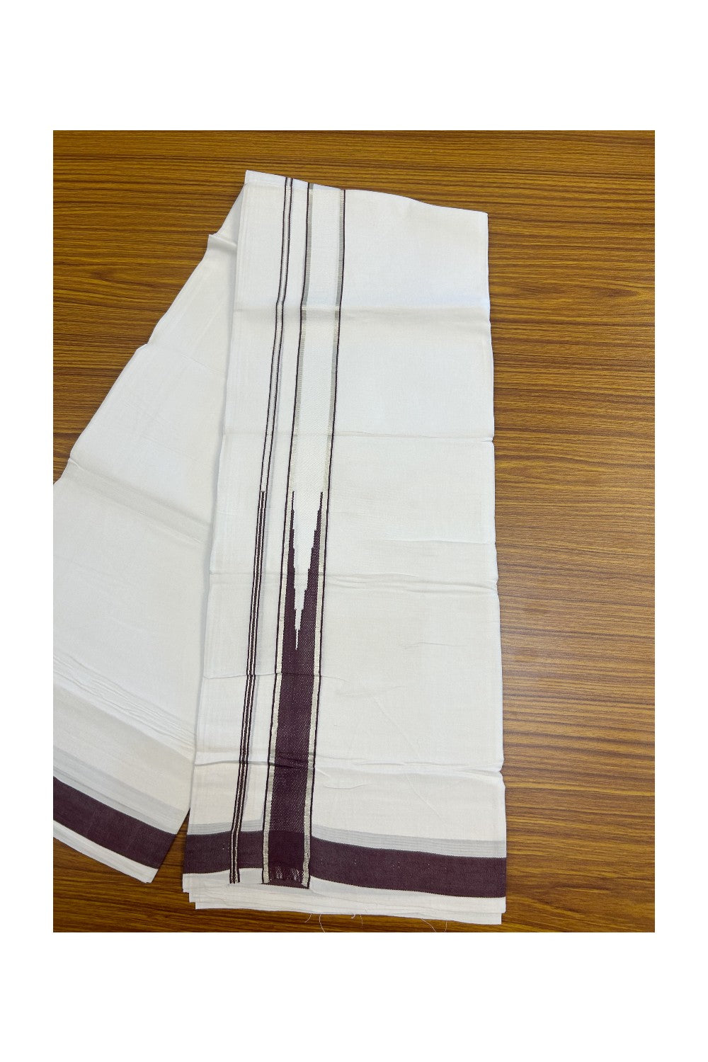 25% DISCOUNT! KaithariKada Balaramapuram 100% Mercerised Cotton Double ULTRA PURE white Mundu/Dhoti - 120x120 - 1.5 inch Heavy Chutty Silver kasavu Dark Purple Kara - 9KK5139THI
