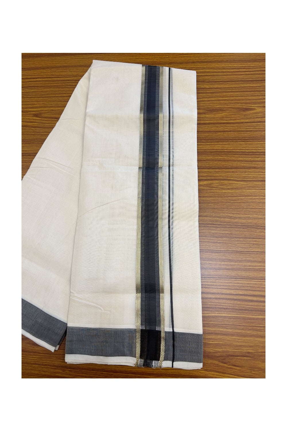 25% DISCOUNT!! KaithariKada HANDLOOM MILLPAAV Balaramapuram - 100% PURE Cotton OFF White - (Unbleached) Double Mundu/Dothi - 2 inch BROWN colour kasavu & Gold Kasavu Striped kara - 1KK5170RAM