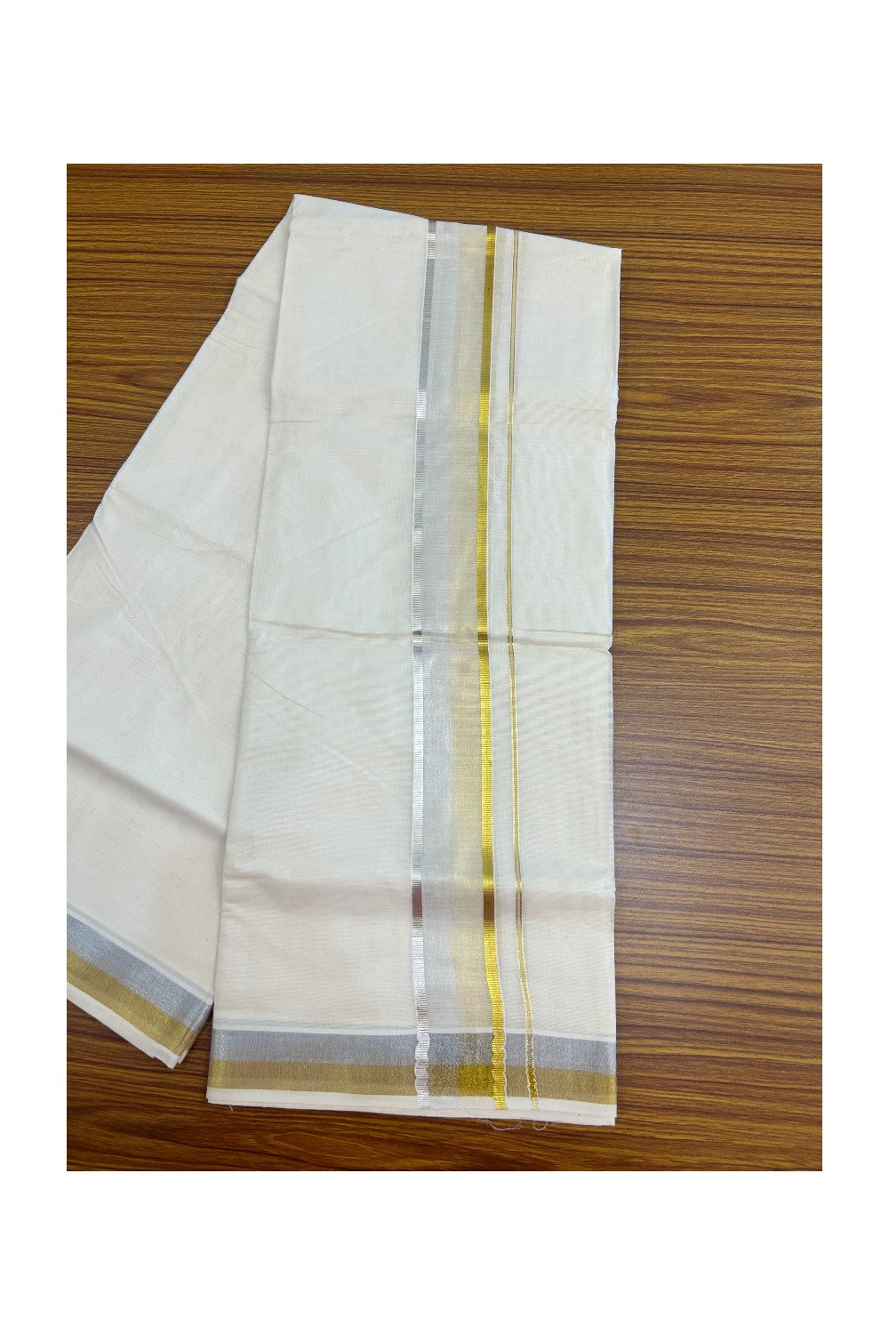 20% DISCOUNT!! KaithariKada Balaramapuram Pure Cotton DOUBLE OFF WHITE - (Ubleached) Mundu/Dhoti - 80x72 - 2 inch KASAVU & SILVER SHADED KARA - 9KK5171GAN