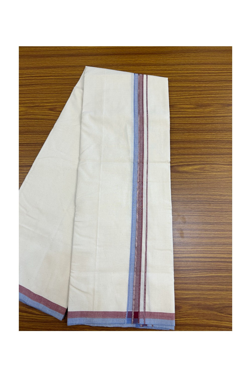 25%DISCOUNT!! SIGNATURE KAITHARIKADA EXCLUSIVE SINGLE DHOTI - 100% Cotton Balaramapuram HANDLOOM Single Mundu/Dhoti - Off White - (Unbleached) 1.25 inch Maroon Lavender & Silver Kasavu Striped Kara (2 meter / 4 muzham)- 9KK5173KAI