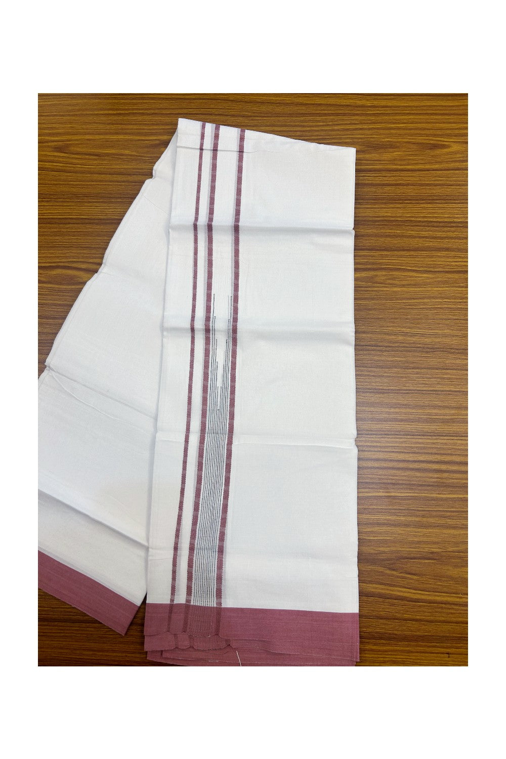 20% DISCOUNT! KaithariKada Balaramapuram DOUBLE PURE WHITE 100% Cotton Mundu/Dhoti - 100x80 - 1.5 inch Dark Peach Putta Design Chutty Kara - 9KK5174THI