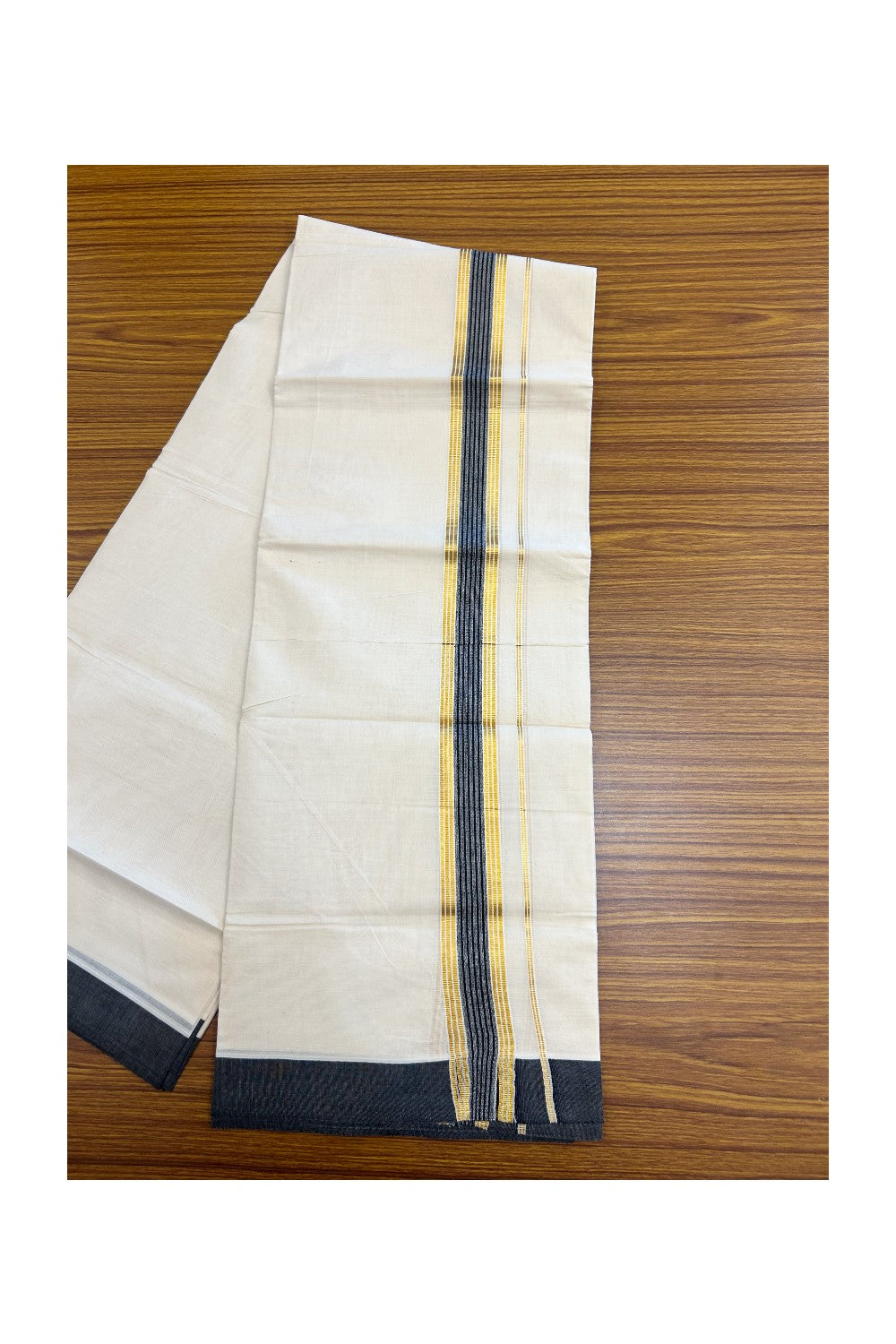 20% DISCOUNT! KaithariKada Balaramapuram Double OFF WHITE Mundu/Dhoti - 80x80 - 1.5 Inch Gold Kasavu & Black Shaded striped Kara - 9KK5182VAS