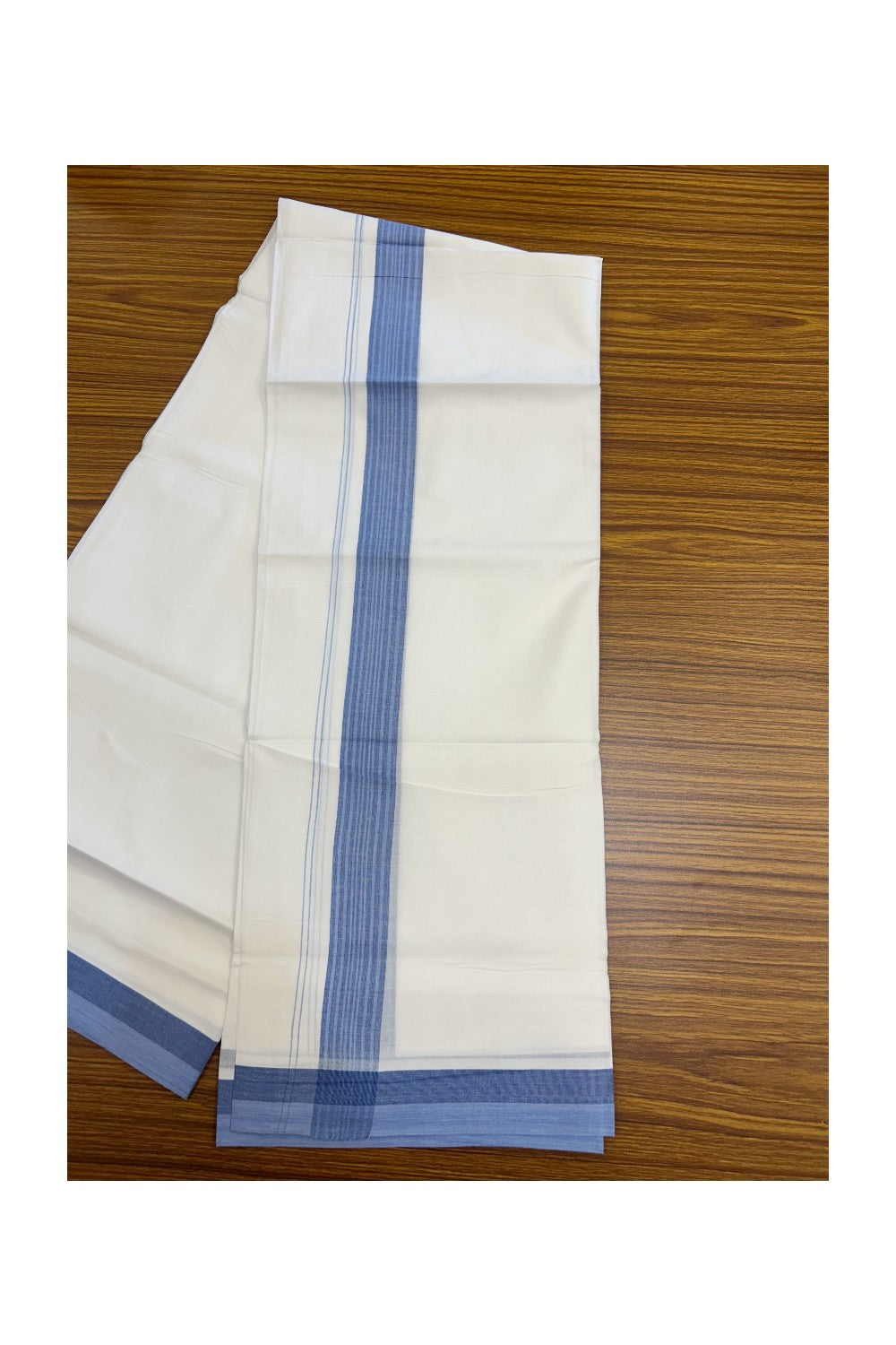 20% Discount ! Kaitharikada Balaramapuram 100% Cotton PURE WHITE Double Mundu/Dothi - 100x80 - 1.5 inch Light Blue & Deep Blue Striped Kara - 9KK5183VIN