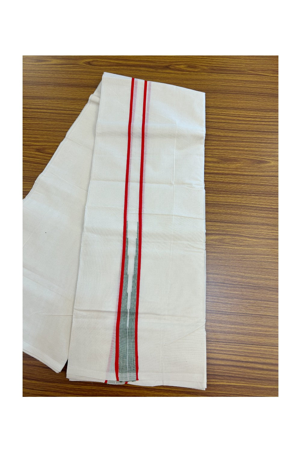 20% Discount ! Kaitharikada Balaramapuram 100% Cotton Double Off white (Unbleached) Mundu/Dhoti - 100x80 - 1.5 inch Red & Green Stripes Chutty Kara - 9KK5186CKS