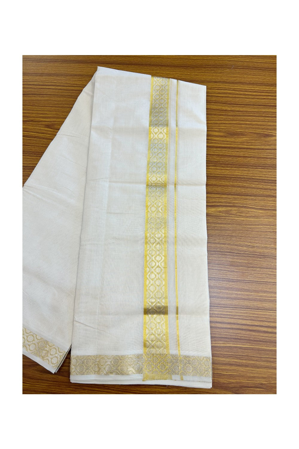 25% DISCOUNT ! KaithariKada HANDLOOM Unakkupaav Balaramapuram - 100% PURE Cotton Off White - (Unbleached) Double Mundu/Dhoti - 1.75 inch Gold Kasavu Jacquard Design Kara - 9KK5190ABH