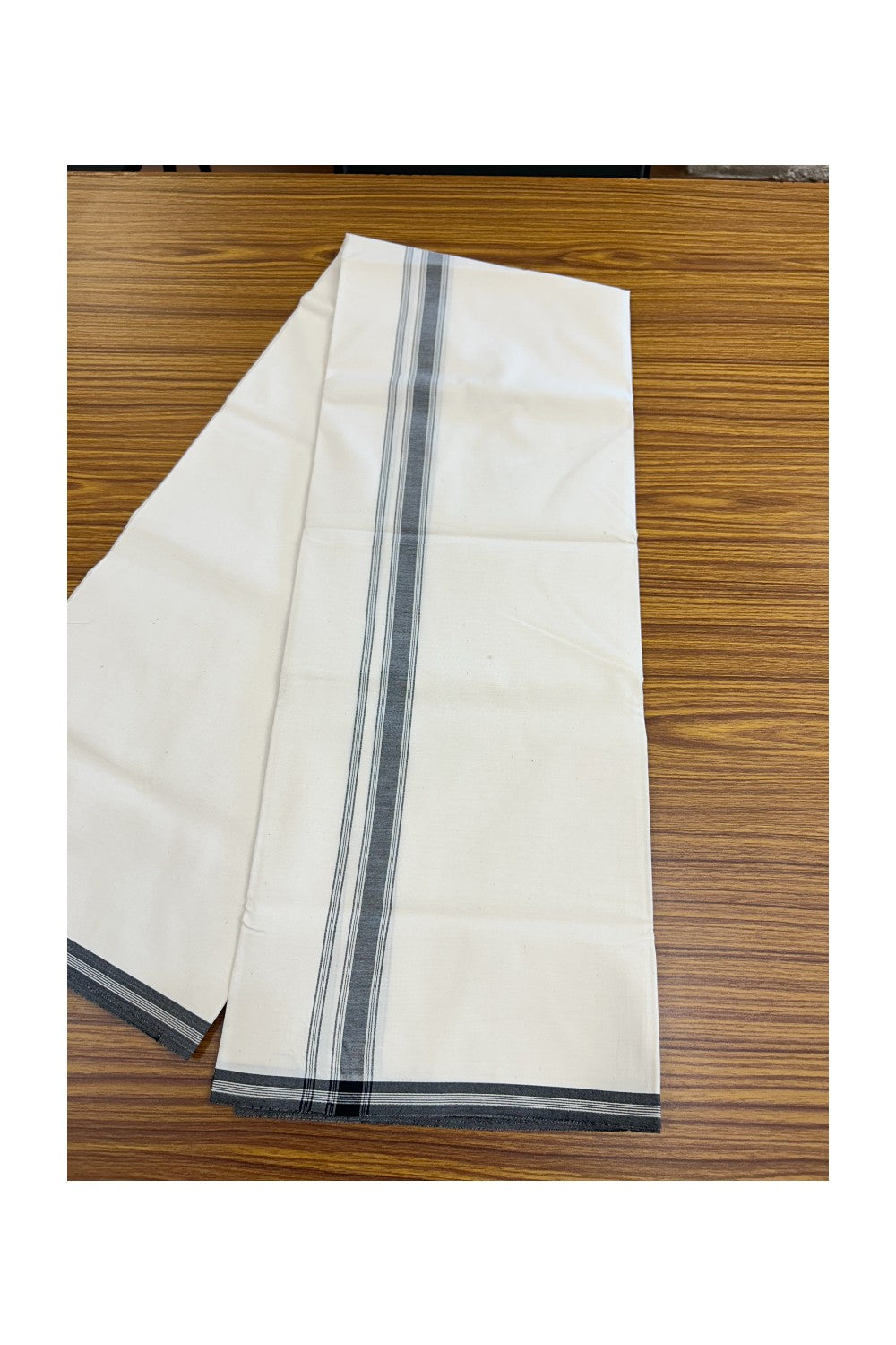 20% DISCOUNT ! KaithariKada Balaramapuram 100% COTTON SINGLE OFF WHITE - (Unbleached) Mundu/Dhoti-Twisted 100s Thread- 0.75 inch Black Shaded Striped Kara (2 metre - 4 muzham) - 9KK5203ASH
