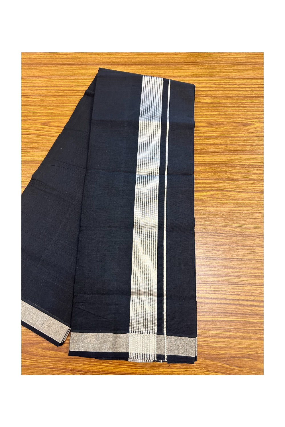 25% Discount! KaithariKada Handloom UNAKKUPAAV Balaramapuram - 100% Cotton Double Mundu/Dhoti - Black Colour Body - 2 inch Silver Kasavu Striped Design Kara- 9KK5206ABH