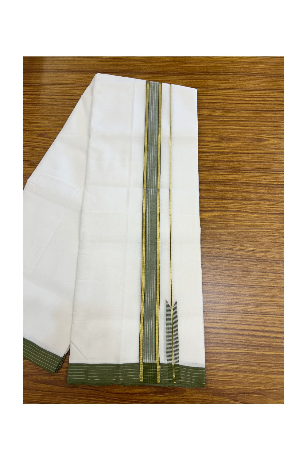 25% Discount!! NEW ULTRA PURE WHITE HANDLOOM Balaramapuram - 100% Mercerised Cotton Double Mundu/Dhoti - 120 twisted warp x 80s weft - 1.5 inch Puliyilakkara Gold Kasavu & Sage Green Striped Chutty Kara- 9KK5209 REA