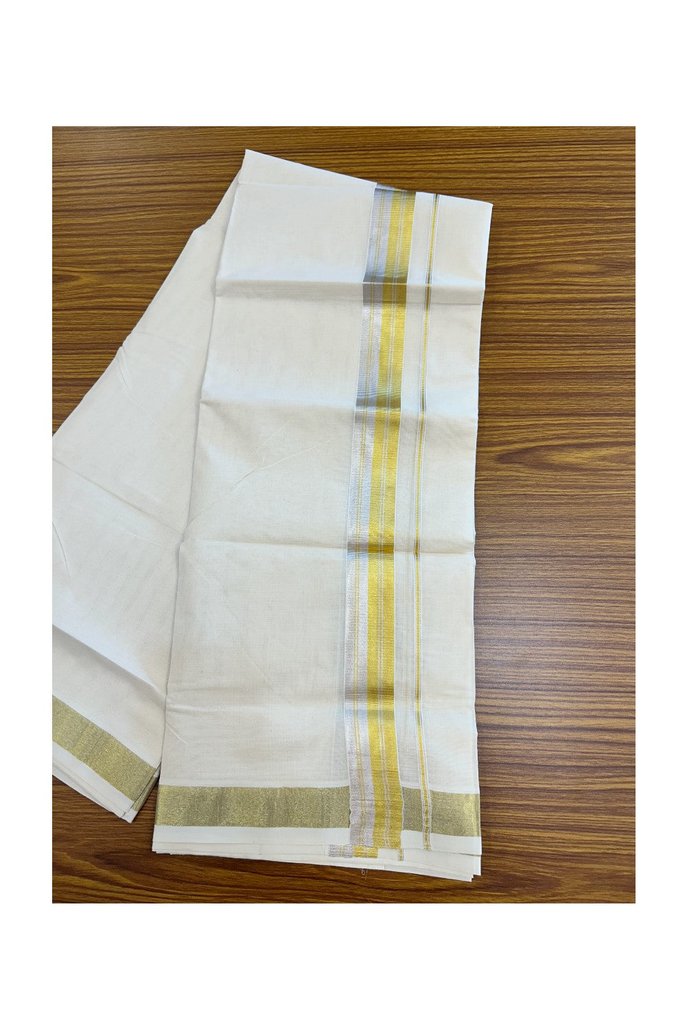 20% DISCOUNT ! KaithariKada Balaramapuram - 100% PURE Cotton Off White - (Unbleached) Double Mundu/Dhoti - 100X80 - 1.5 inch Gold Kasavu & Silver Kasavu Striped Kara - 9KK5212 VIN