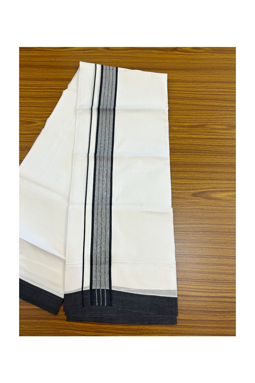 20% DISCOUNT!!! KaithariKada Balaramapuram 100% Cotton DOUBLE PURE WHITE Mundu/Dhoti - 100X80 - 1.75 Inch Black Shaded Stripes kara 3.75 mtr (8 muzham) - 9KK5220 THI