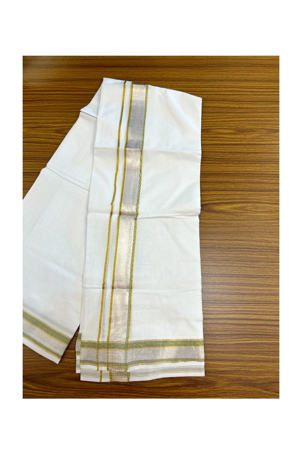 17% DISCOUNT! KaithariKada Balaramapuram 100% Cotton Double PURE WHITE Mundu/Dhoti - 100x100 - 1.5 inch Sage Green Silver Kasav & Gold Kasavu Stripes Kara - 9KK5221 GAN