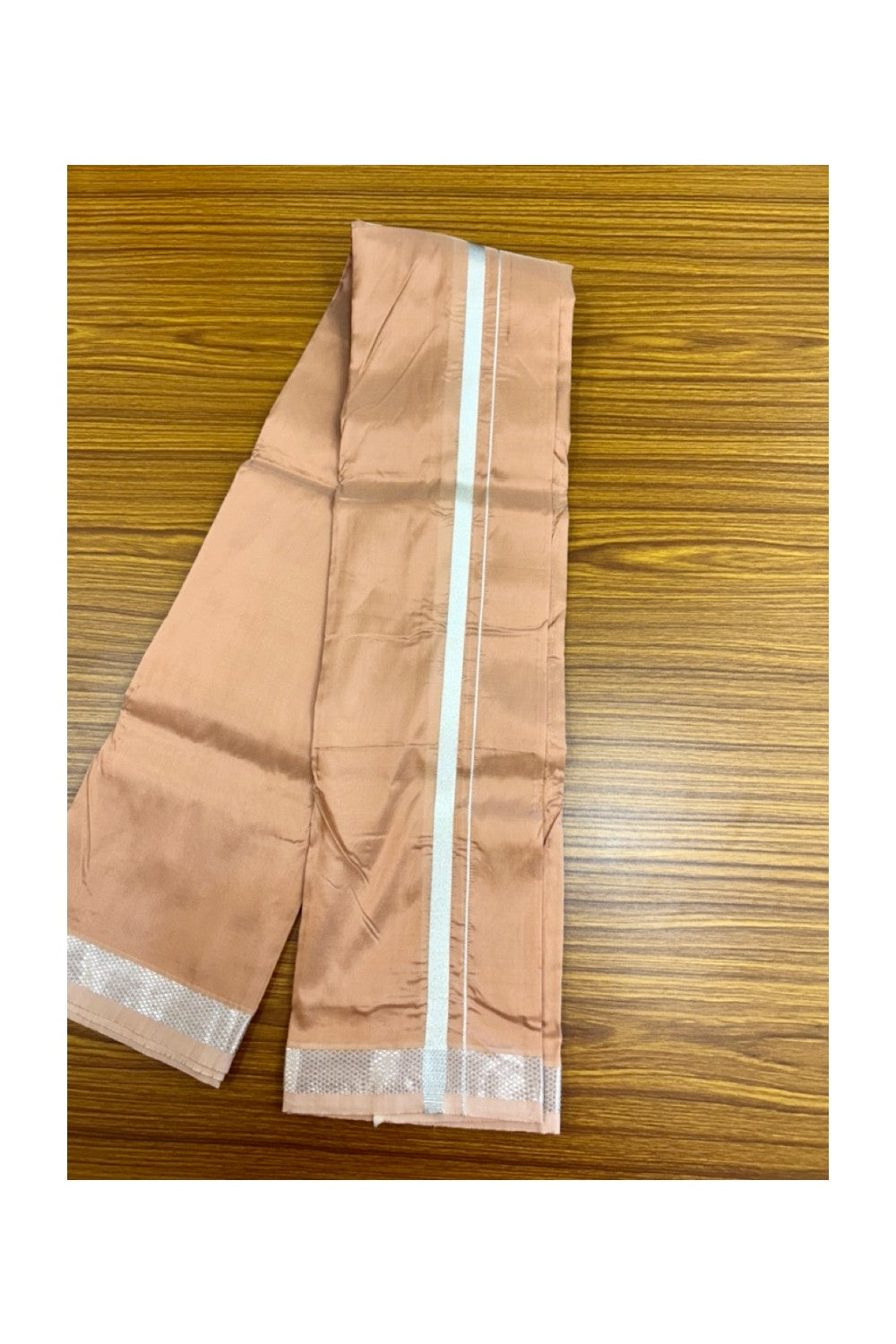 12% Discount!! KaithariKada Balaramapuram 100% Silk Double Mundu/Dhoti - Copper Brown Colour Body - 0.5 inch Silver Kasav Kara 3.60 mtr (8 muzham) - 9KK5222 GAN