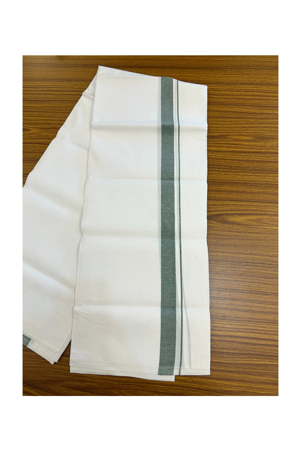 20% DISCOUNT ! KaithariKada Balaramapuram 100% COTTON SINGLE PURE WHITE Mundu/Dhoti - Twisted 100s Thread - 1.25 inch Green Kara(2 meter / 4 muzham) - 8KK5224 ASH