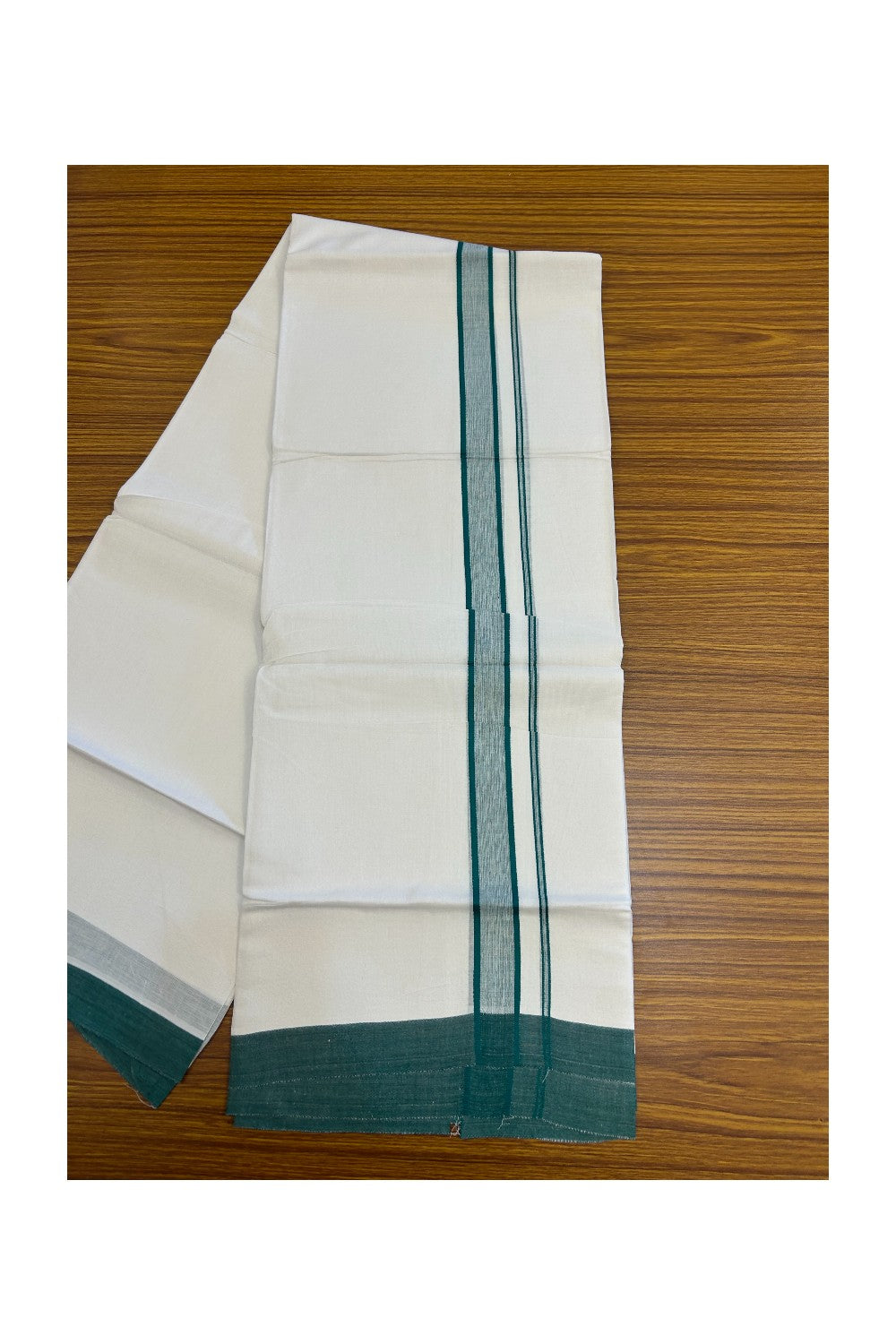 30% DISCOUNT! KaithariKada Balaramapuram 100% Cotton Double Pure white Mundu/Dhoti-( 60s ) - 1 inch Green Shaded Kara - 3.86mtr ( 8 muzham) - 9KK5227 PMC