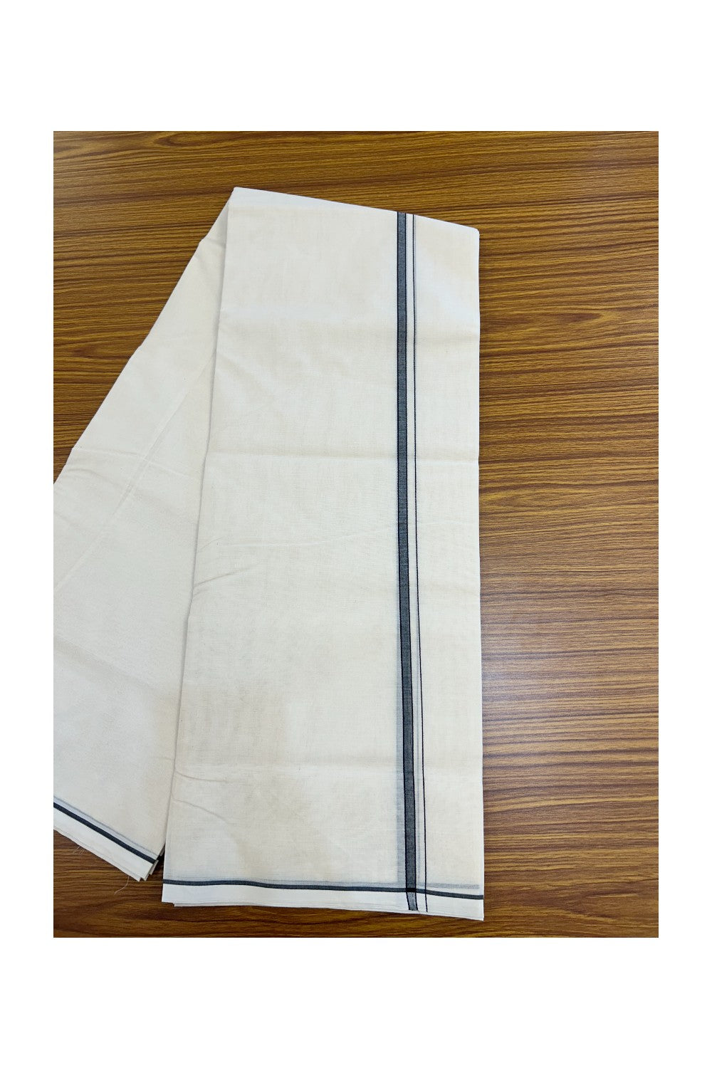 20% DISCOUNT! KaithariKada Balaramapuram 100% Cotton Double Off white - (Unbleached) - Mundu/Dhoti- 100x100 - 0.25 inch Black Shaded Thin Kara - 4 mtr ( 8.5 muzham)- 9KK5228 ASH