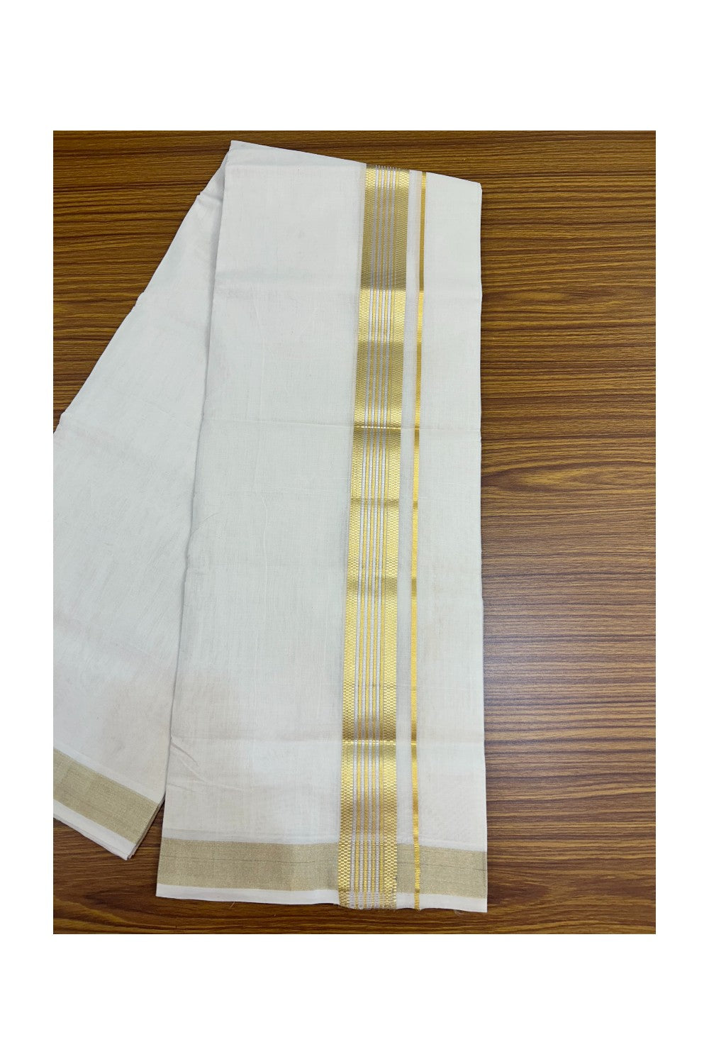 25% DISCOUNT ! KaithariKada HANDLOOM Unakkupaav Balaramapuram - 100% PURE Cotton OFF WHITE - (Unbleached) Double Mundu/Dhoti - 80x90 - 1.75 inch Gold Kasavu & Silver Stripes Jacquard Design Kara 4 mtr (8.5 Muzham) - 8KK5231 ABH