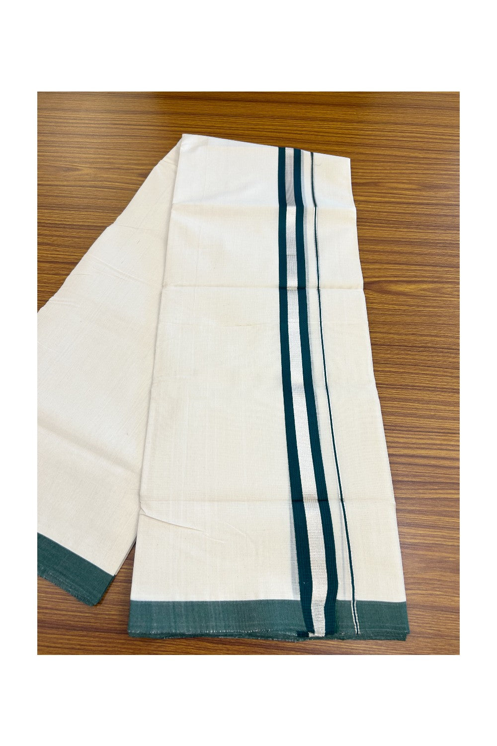 25% Discount!!! KaithariKada HANDLOOM MILLPAAV Balaramapuram - 100% PURE Cotton OFF WHITE (Unbleached) Double Mundu/Dhoti - 80x90 - 1.25 inch Silver kasavu striped Green kara 4 Mtr (8.5 Muzham) - 9KK5235 YAR