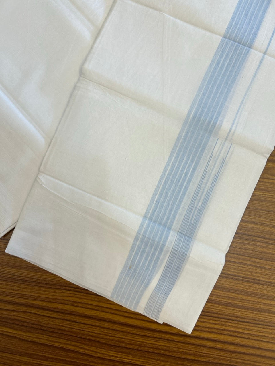 24% Discount! KaithariKada Balaramapuram 100% Cotton Pure white Double Mundu/Dhoti - (100x80)s - 1.5 inch Puliyilakkara Sky Blue Stripes Chutty - 109 KK5258 THI
