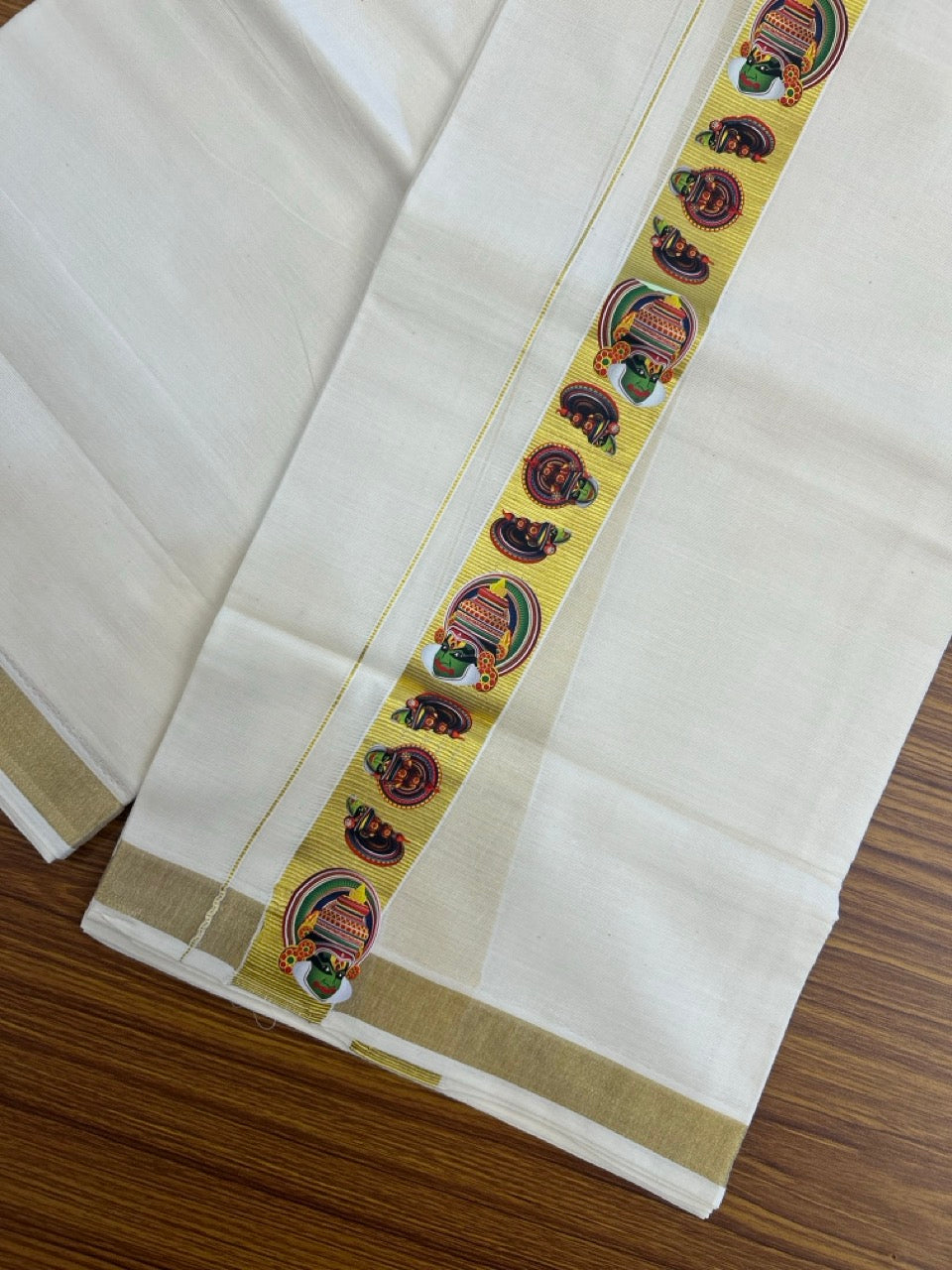 25% Discount!! KaithariKada Balaramapuram Mixed Cotton Double Off white - (Ubleached) Mundu/Dhoti - 80x72 - 1.25 inch Kasavu & Kathakali Printed Design Kara - 9 KK5262 MUT