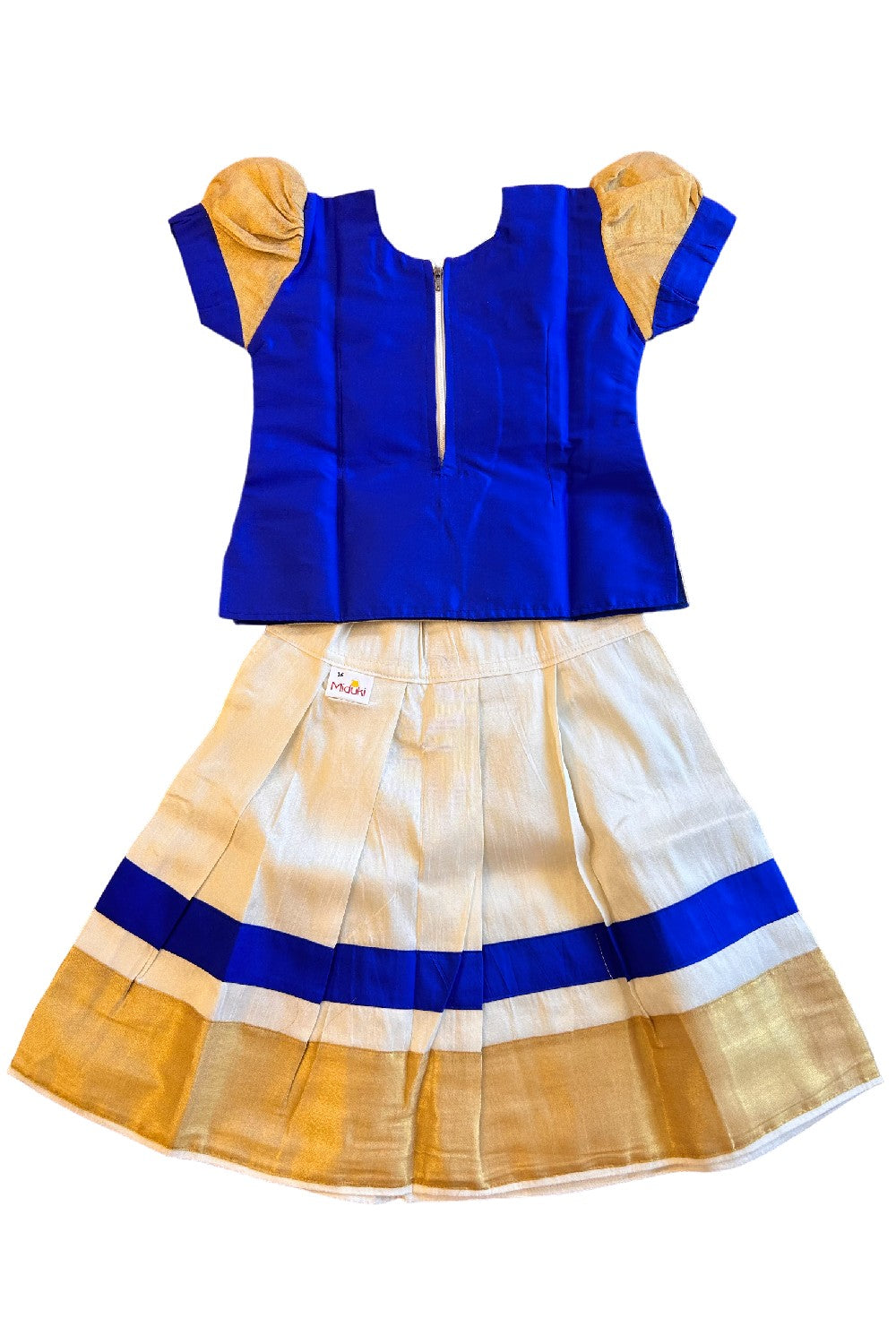 Midukki-Traditional South Indian Kids Pattu Pavada- Blue top offwhite skirt with kasavu- Age 2 - KK2MID009