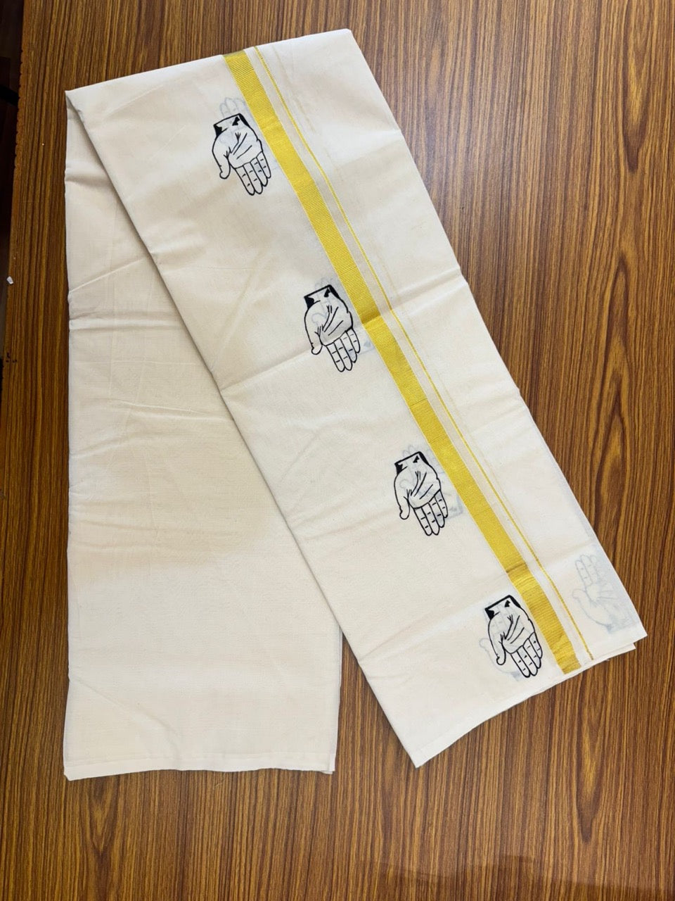 CONGRESS VESHTI - KaithariKada Balaramapuram 100% Cotton Double Off white - (Unbleached) Mundu/Dhoti-100x80 - 0.75 inch Hand Painted Gold Kasav & Kaipathi Design Kara 3.80 mtr (8 muzham) - 17 KK5244 ASH