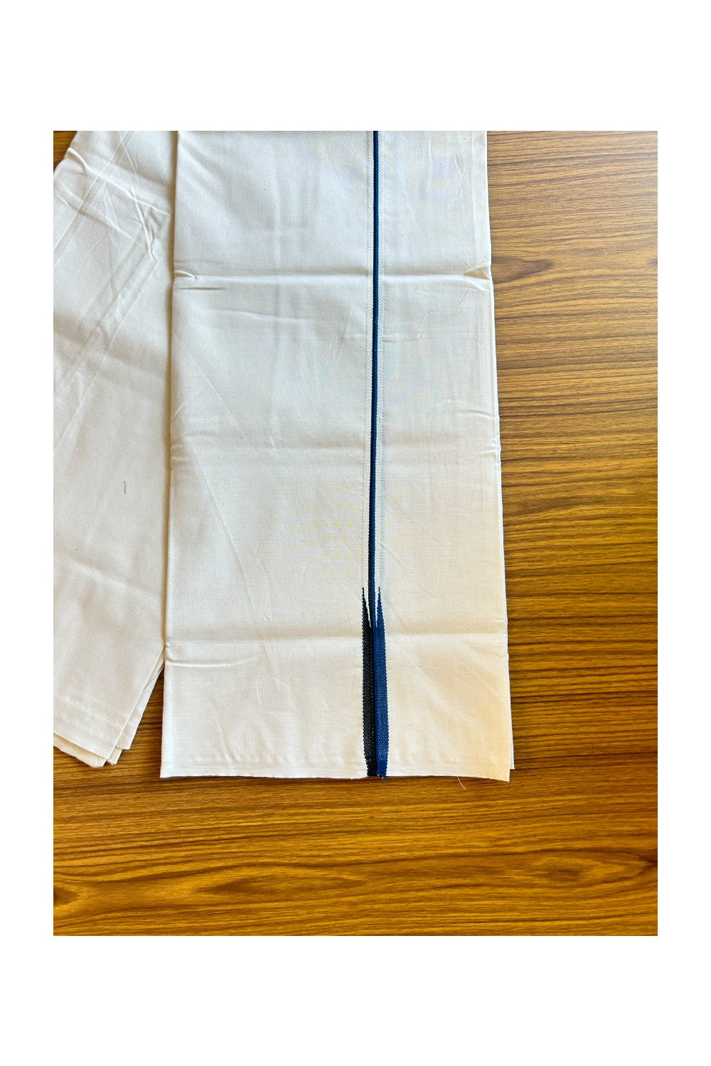 28% DISCOUNT ! KaithariKada Balaramapuram 100% COTTON SINGLE OFF WHITE (Unbleached) Mundu/Dhoti-100X100- 0.5 Inch Puliyilakkara Black & Yale Blue Chutty (2 meter / 4 muzham) - 9KK429ASH