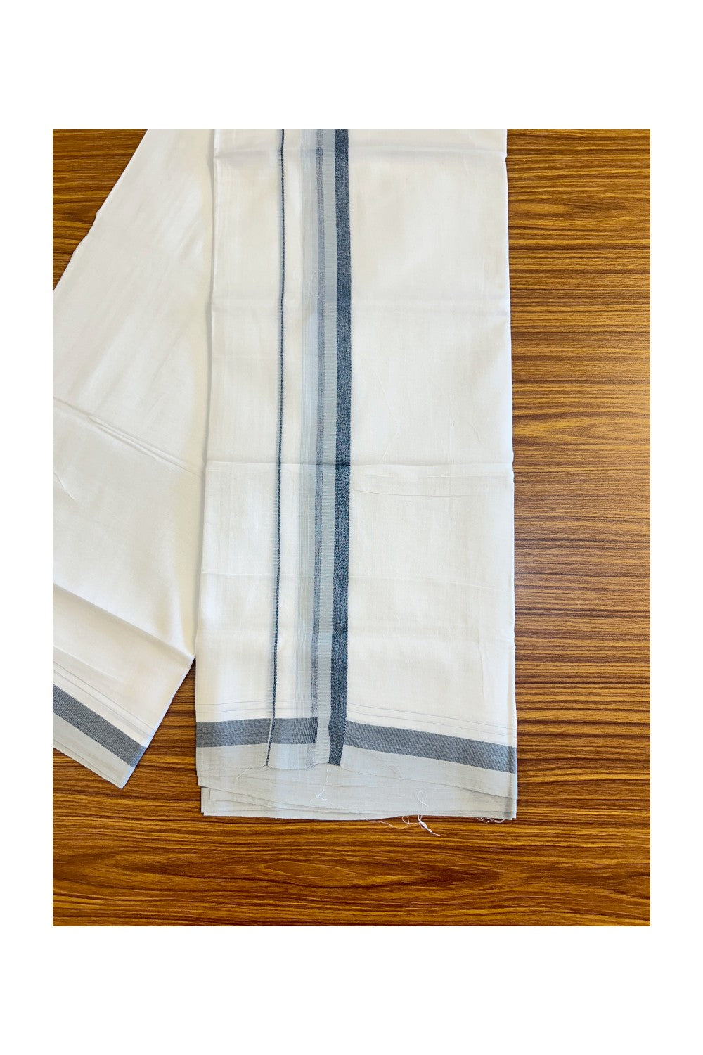 26% DISCOUNT!!! KaithariKada Balaramapuram 100% Cotton PURE white Double Mundu/Dhoti-100x90 2.25 Inch Ash Grey & Navy Blue shaded stripes kara - 9KK448VIN