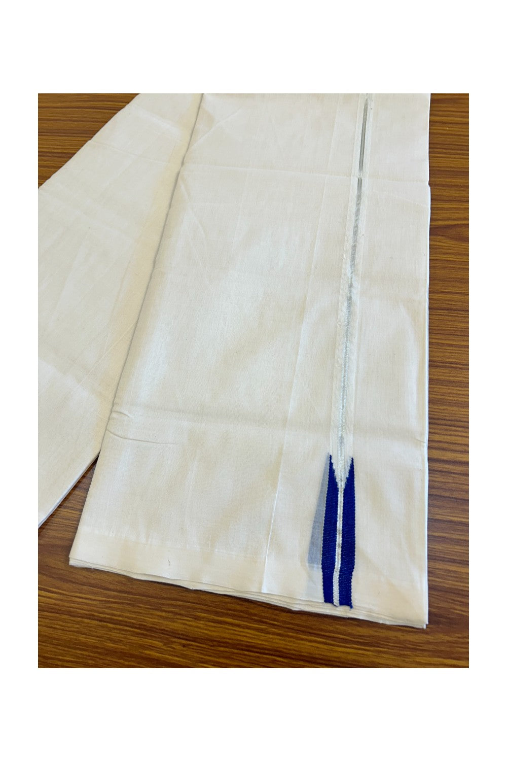 25% DISCOUNT!! KaithariKada HANDLOOM UNAKKUPAAV Balaramapuram - 100% PURE Cotton OFF White - (Unbleached) Double Mundu/Dothi - 1.5 cm silver kasavu Blue puliyilakkara chutty - 9KK476RAM