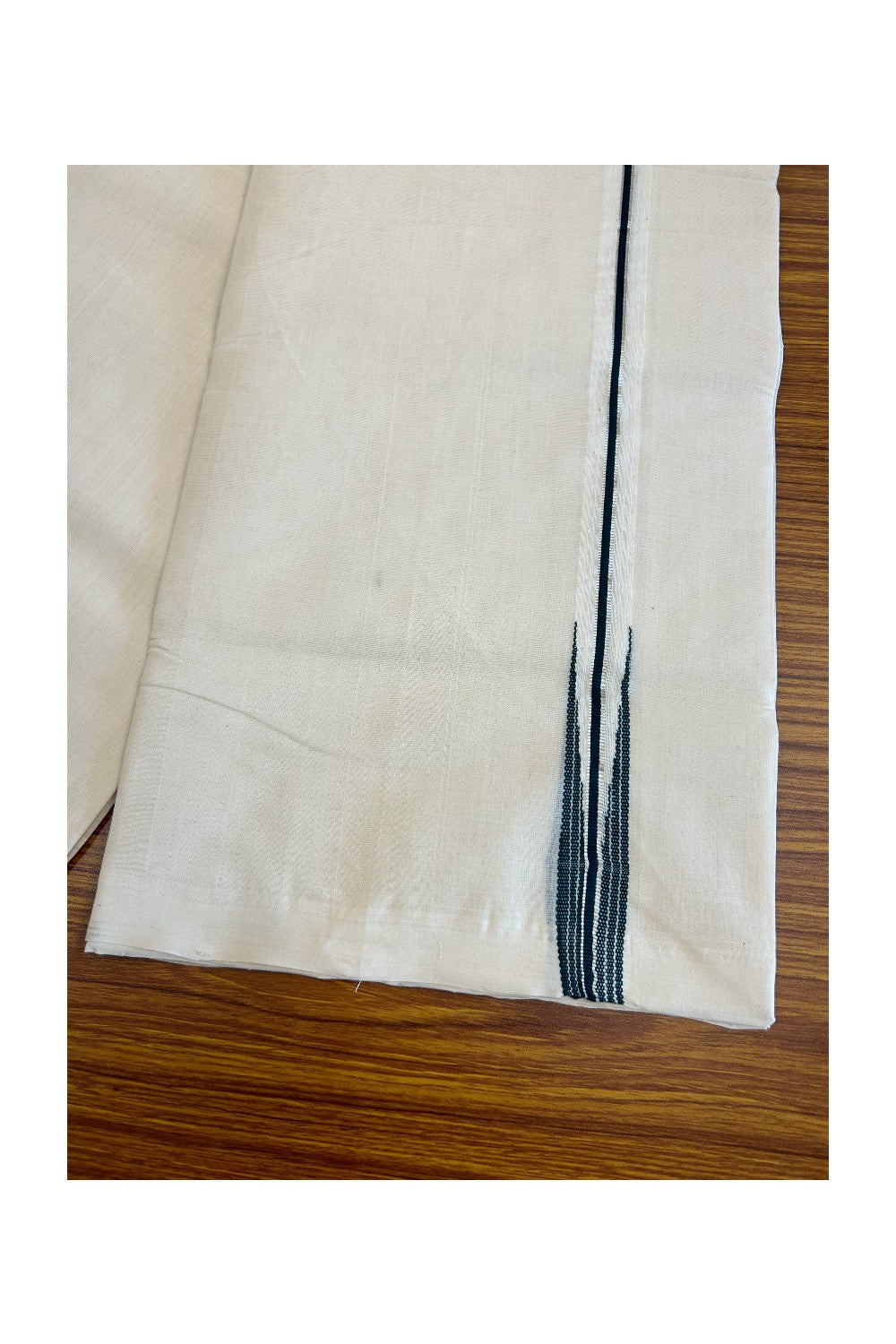 25% DISCOUNT!! KaithariKada HANDLOOM Millpaav Balaramapuram - 100% PURE Cotton OFF White - (Unbleached) Double Mundu/Dothi - 1 inch Puliyilakkara silver kasavu & Dark Green Striped Chutty - 9KK5011RAM