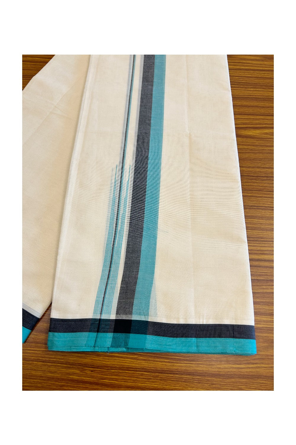 5% Discount!!! KaithariKada Balaramapuram Double Off white - (Unbleached) Mundu/Dhoti - 80X90 - 1.75 inch Black & Turquoise green shaded puliyilakkara striped chutty - 9KK5037KAI