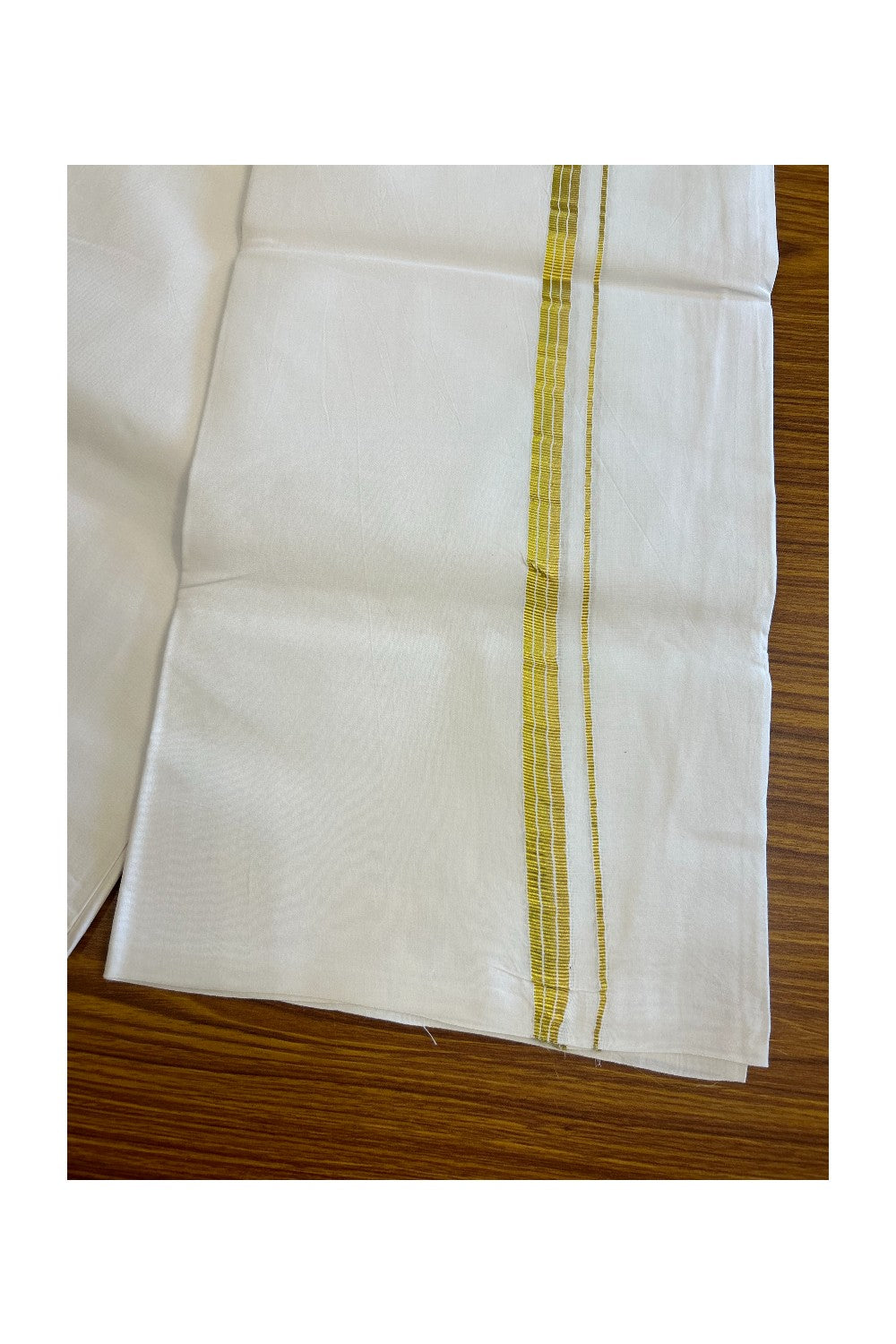 27% DISCOUNT!! KaithariKada Balaramapuram 100% Cotton PURE WHITE Single Mundu/Dhoti-100x100 Gold Kasavu Striped Kara (2 meter / 4 muzham) - 9KK5043ASH