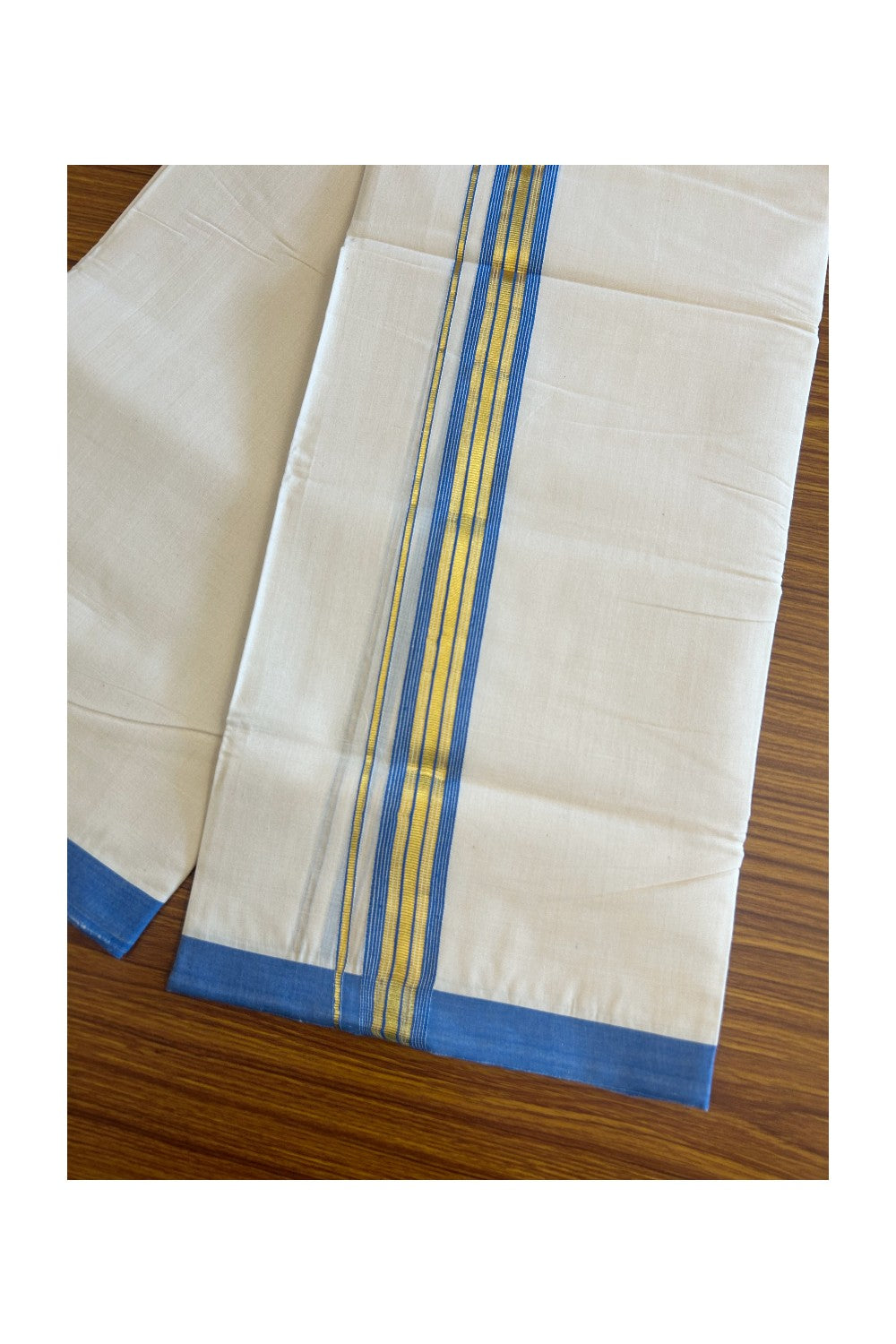 25% DISCOUNT! KaithariKada Balaramapuram Handloom 100% Cotton Double Off white (Unbleached) Mundu/Dhoti-100X100- 1.75inch Gold Kasavu & BLUE Kara.-2.