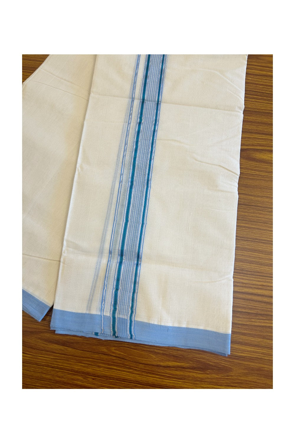 30% DISCOUNT!! KaithariKada HANDLOOM Millpaav Balaramapuram - 100% PURE Cotton OFF White - (Unbleached) Double Mundu/Dothi - Silver Kasavu with White & blue Stripes-2KK56RAM